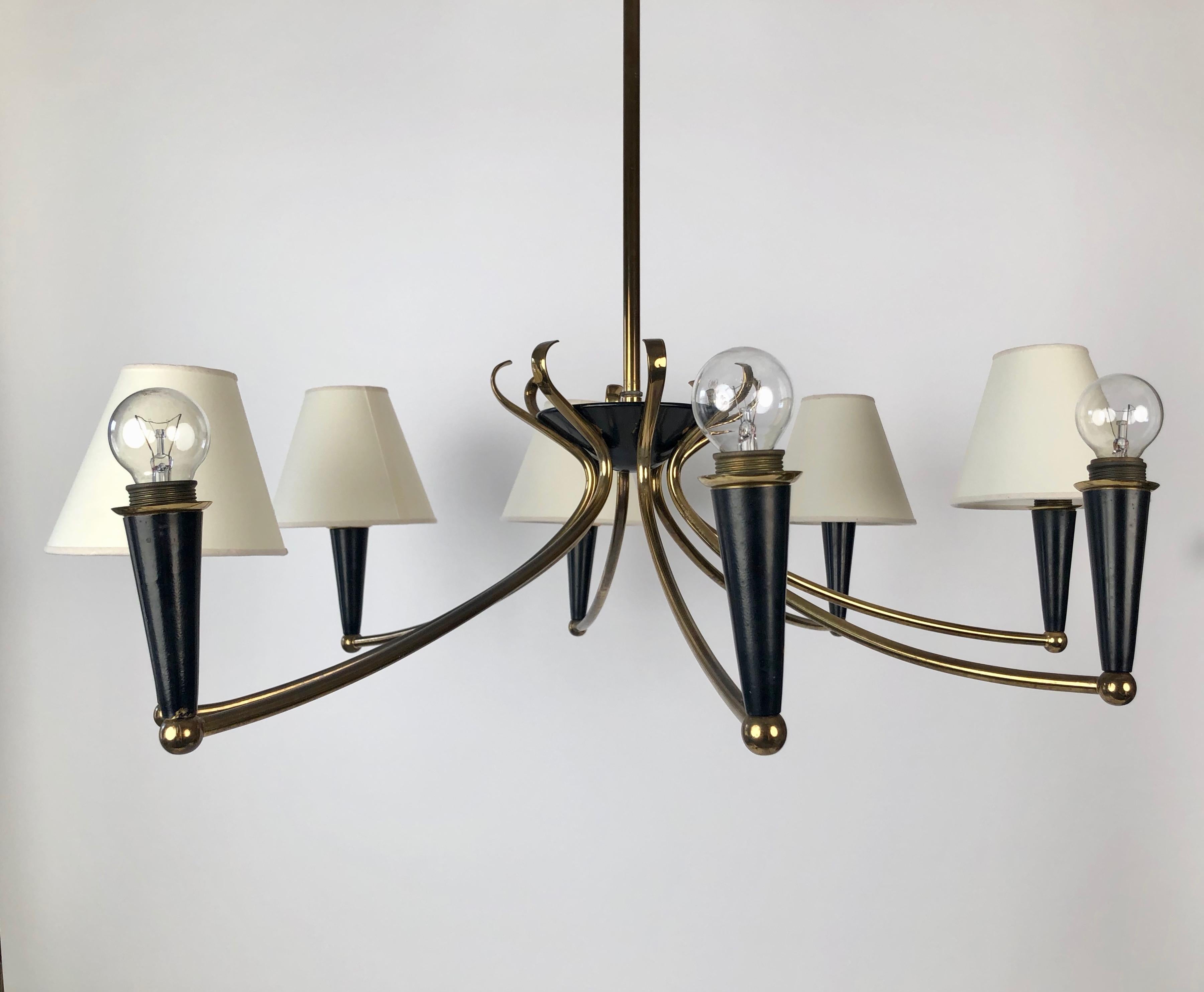 Austrian Modern Eight Arm Chandelier from Austria with Parchment Shades, 1950's For Sale