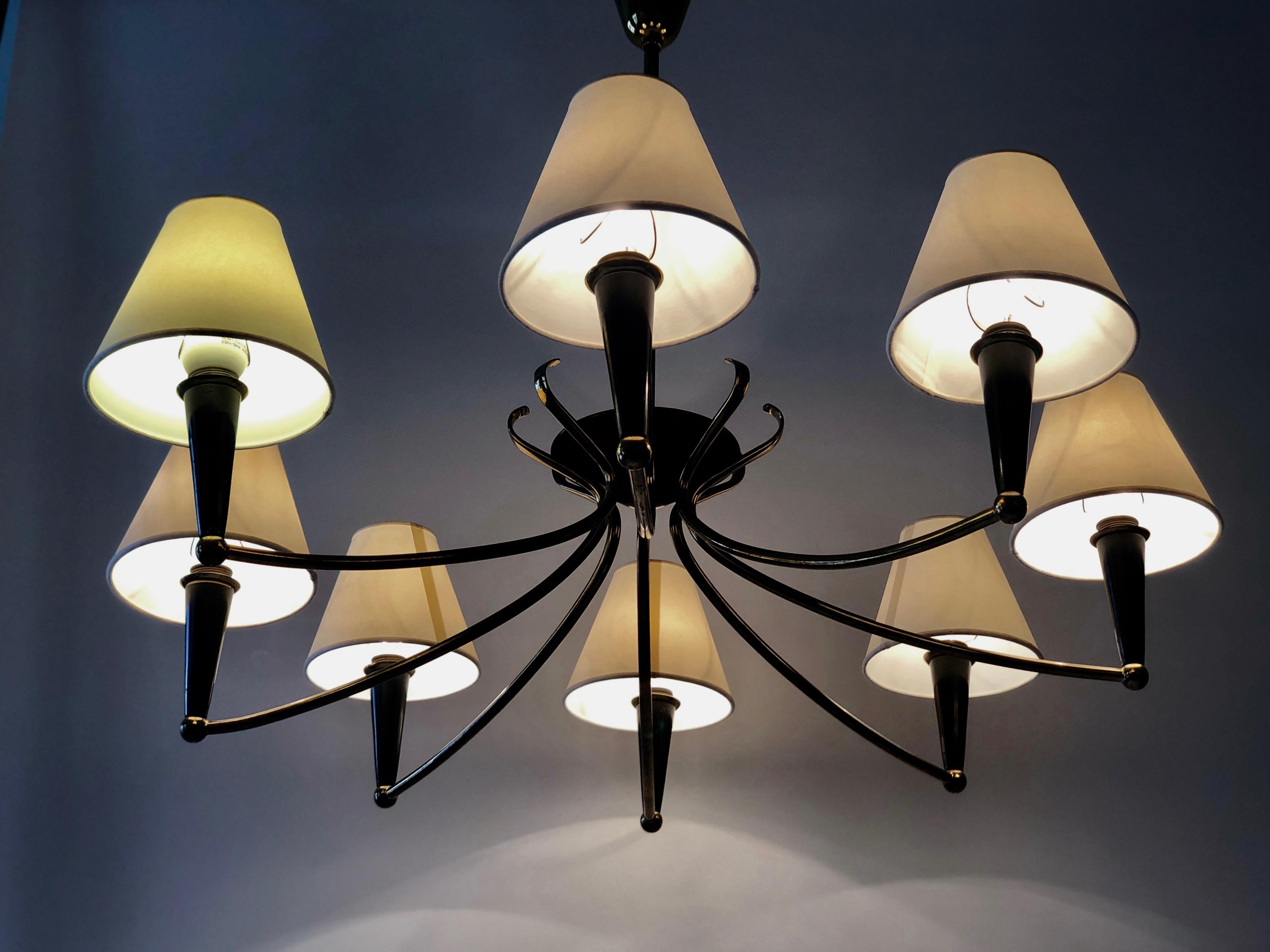 20th Century Modern Eight Arm Chandelier from Austria with Parchment Shades, 1950's For Sale