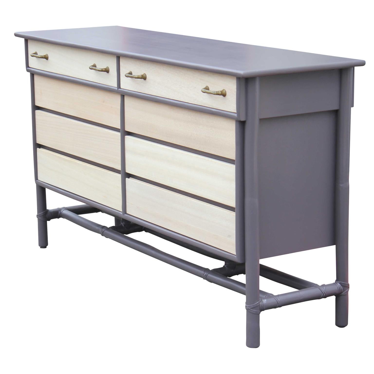 Hollywood Regency Modern Eight-Drawer Grey and Natural Dresser with Brass Handles by McGuire