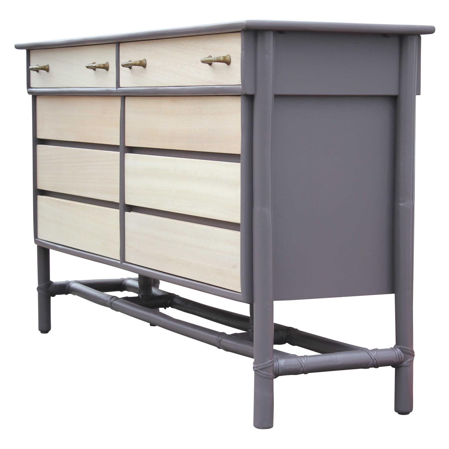 American Modern Eight-Drawer Grey and Natural Dresser with Brass Handles by McGuire