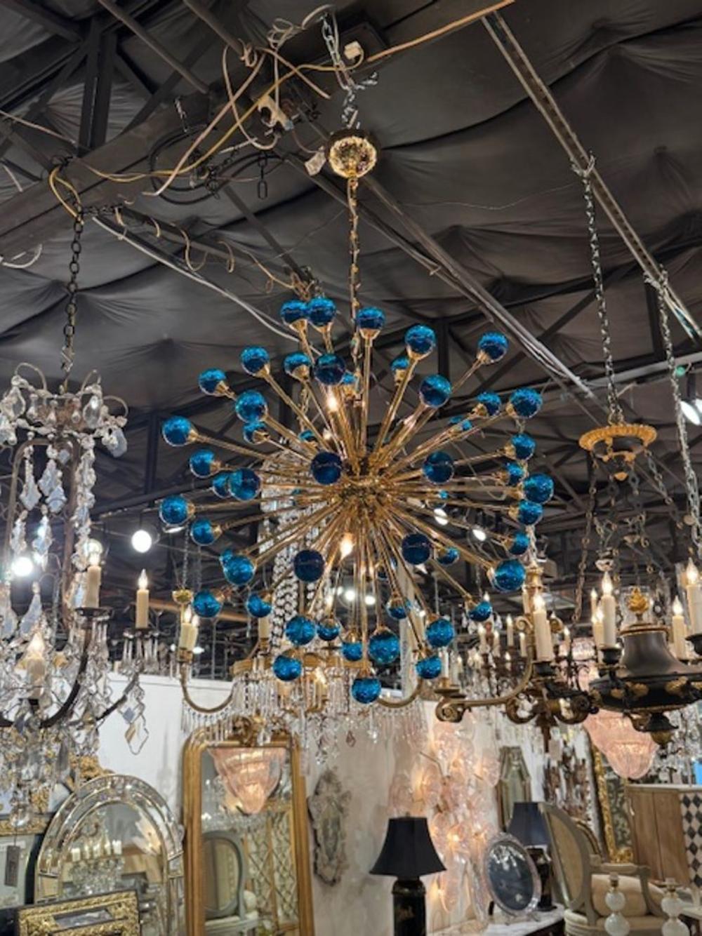Italian Modern Electric Blue and Brass Murano Glass Chandelier For Sale