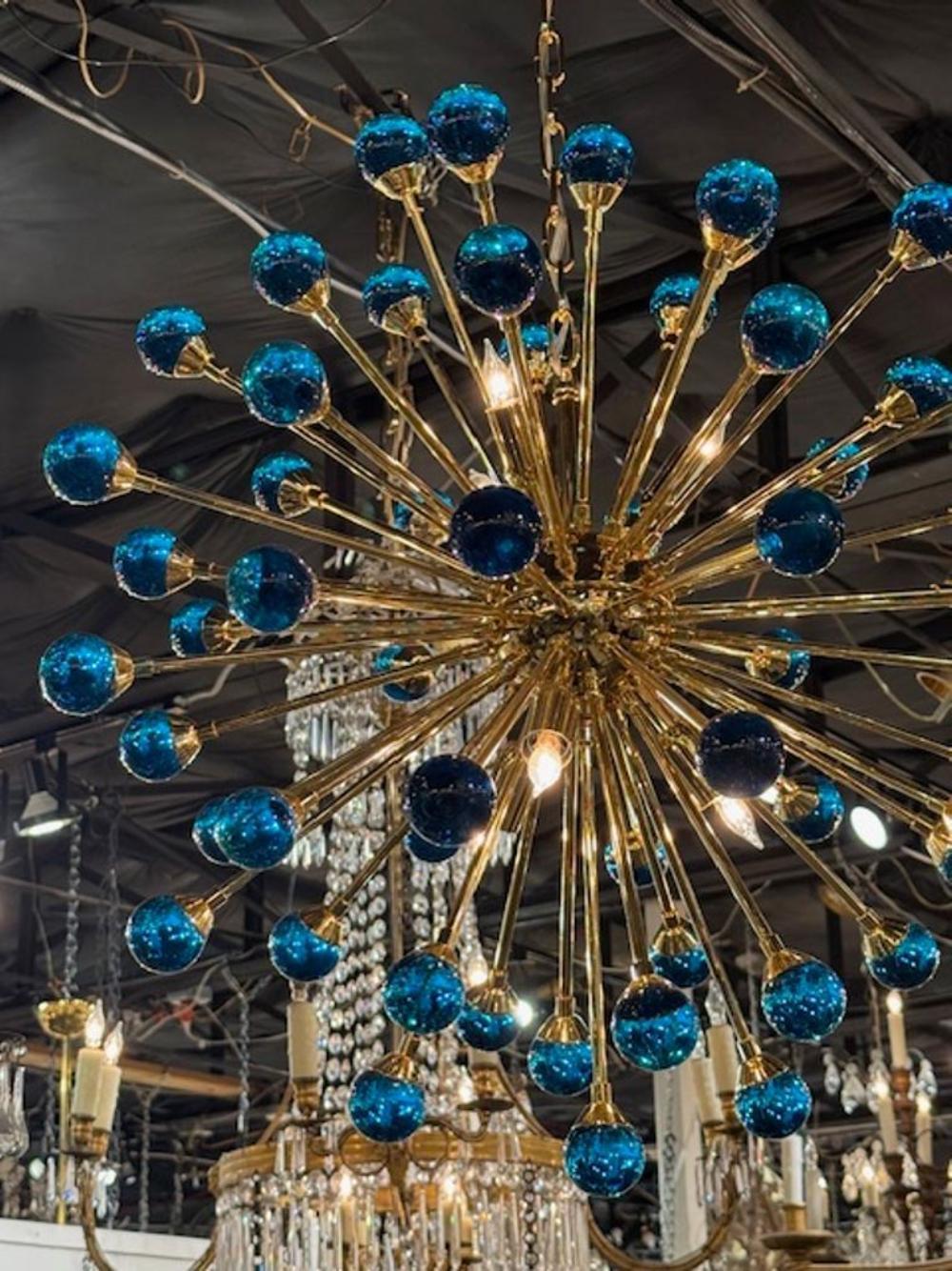 Contemporary Modern Electric Blue and Brass Murano Glass Chandelier For Sale