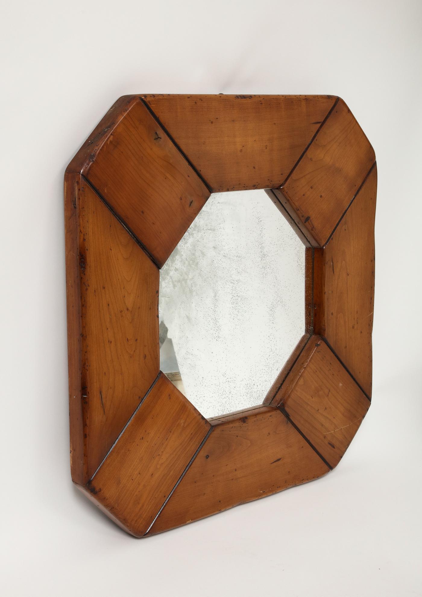 Scandinavian Modern Modern Elm Mirror with Patinated Glass, in the Manner of Pierre Chapo, c. 1960 For Sale