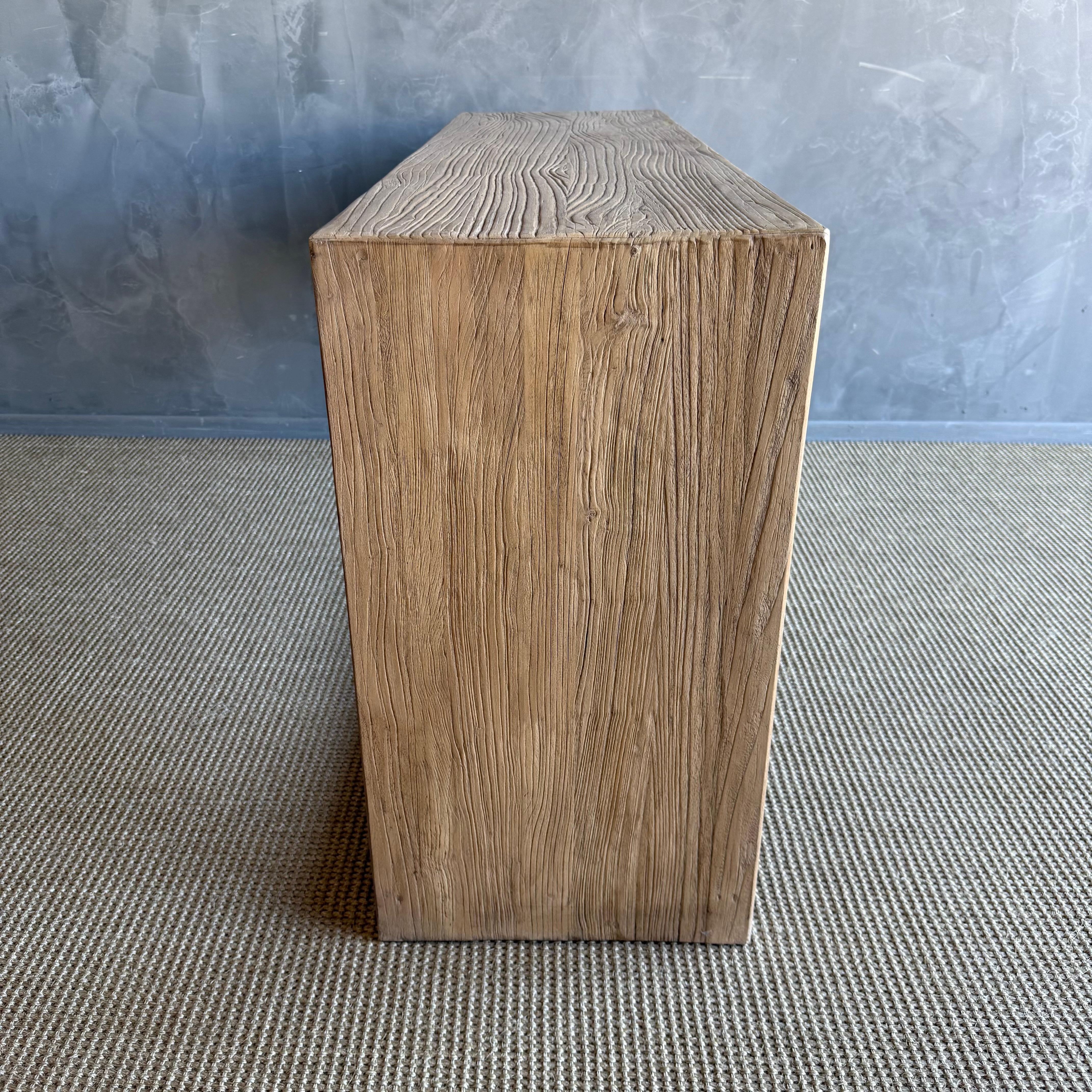 Hand-Crafted Modern Elm Wood Console Table with Drawers For Sale