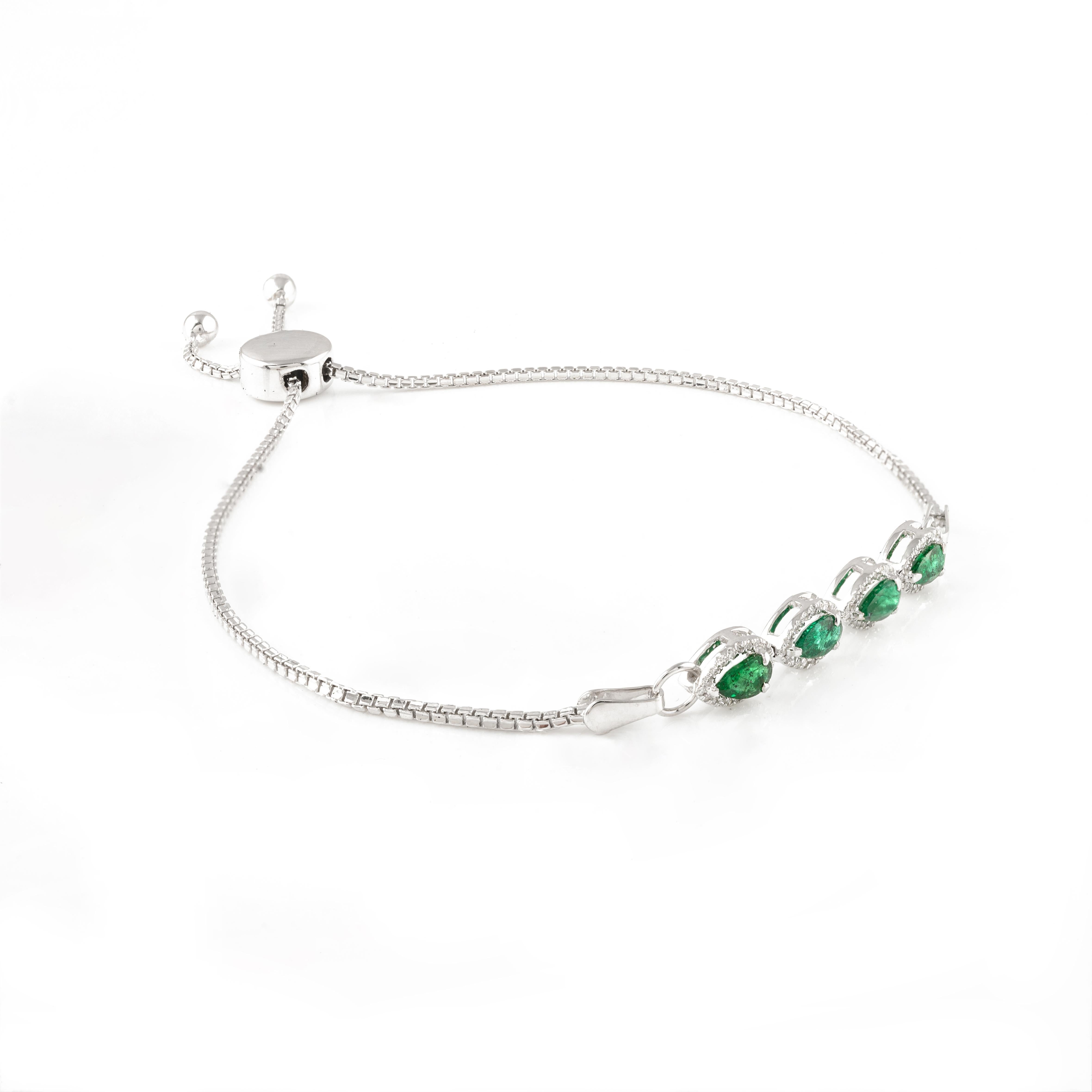 Pear Cut Modern Emerald Diamond Adjustable Bracelet 18k Solid White Gold, Christmas Gift For Sale