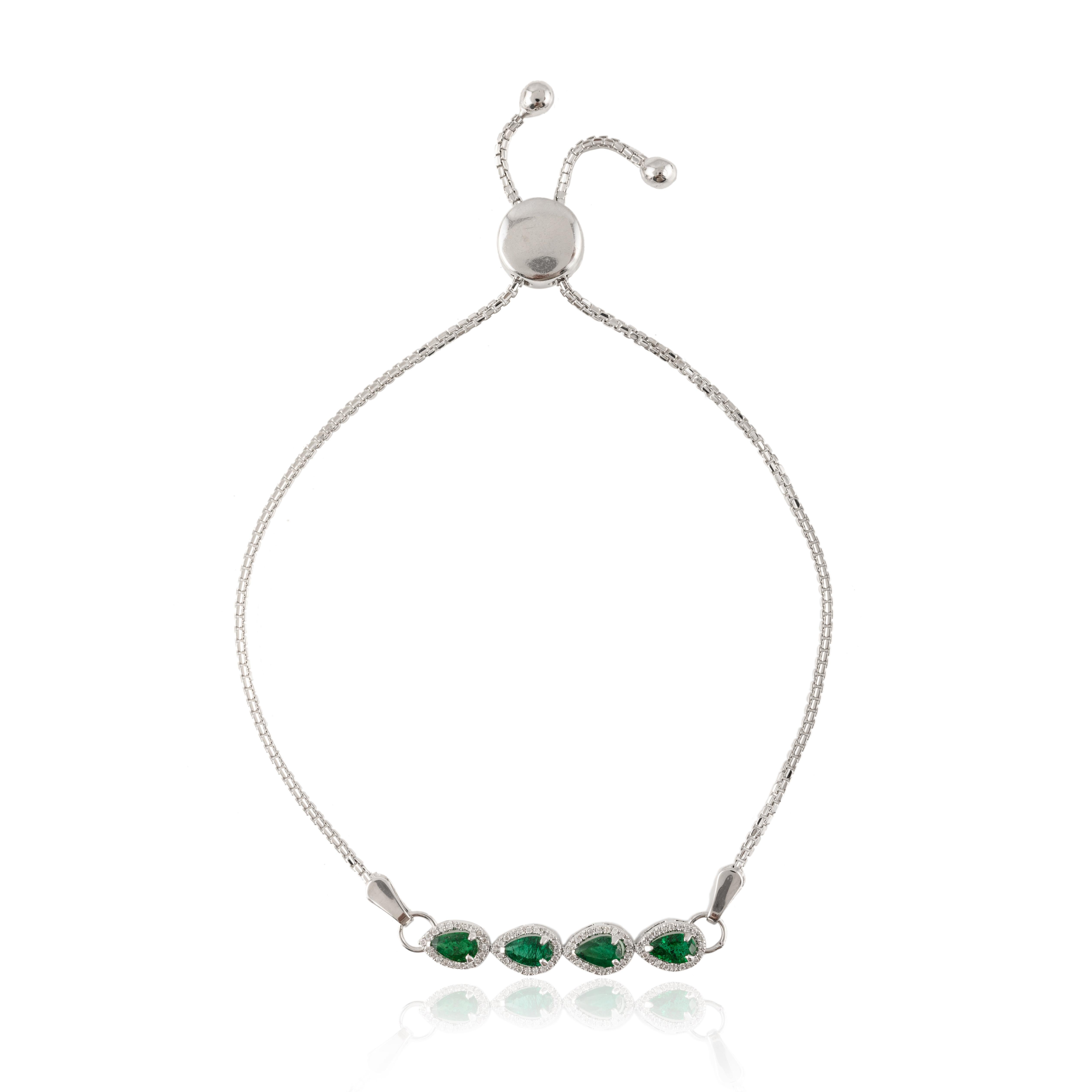 Modern Emerald Diamond Adjustable Bracelet 18k Solid White Gold, Christmas Gift For Sale 1