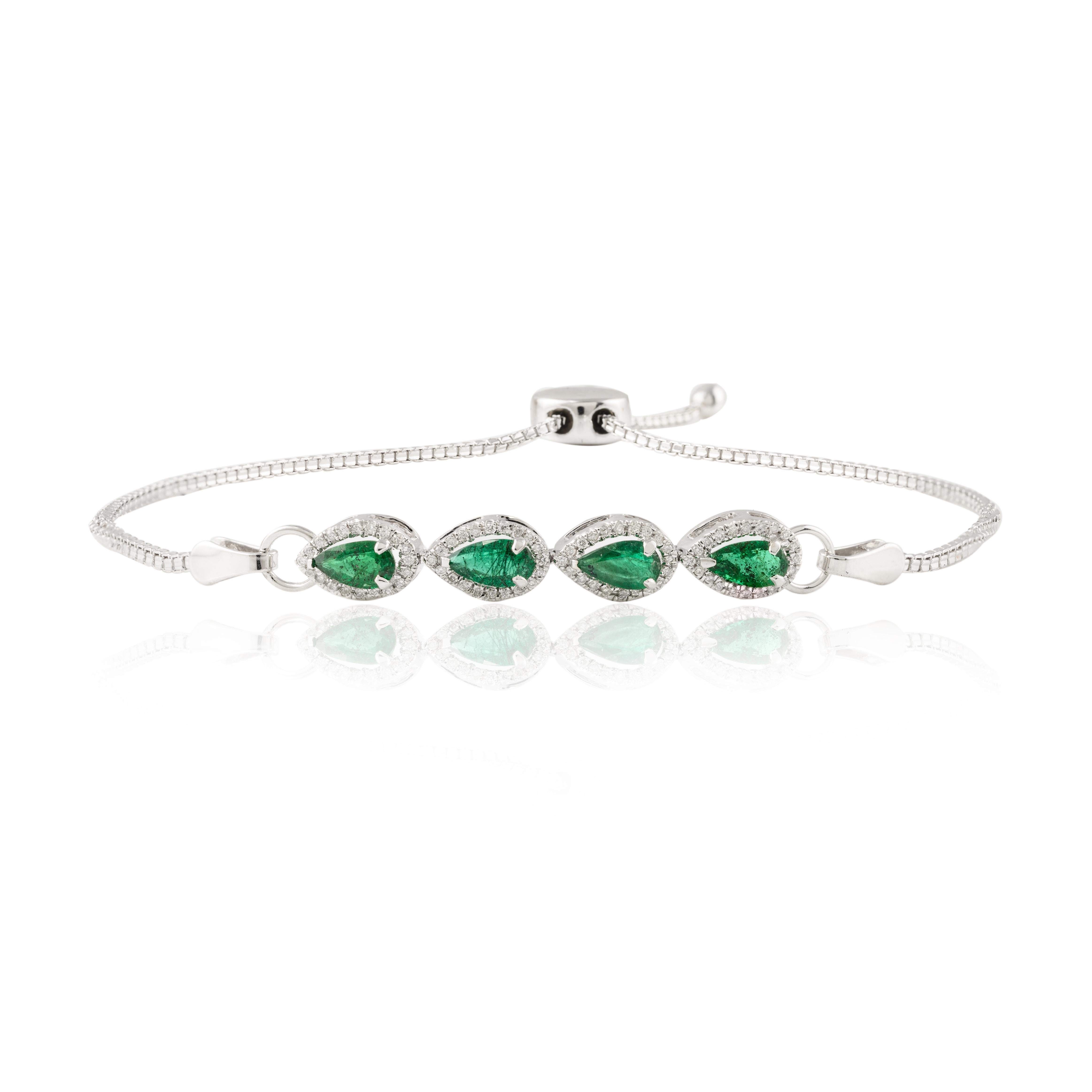 Modern Emerald Diamond Adjustable Bracelet 18k Solid White Gold, Christmas Gift For Sale 2