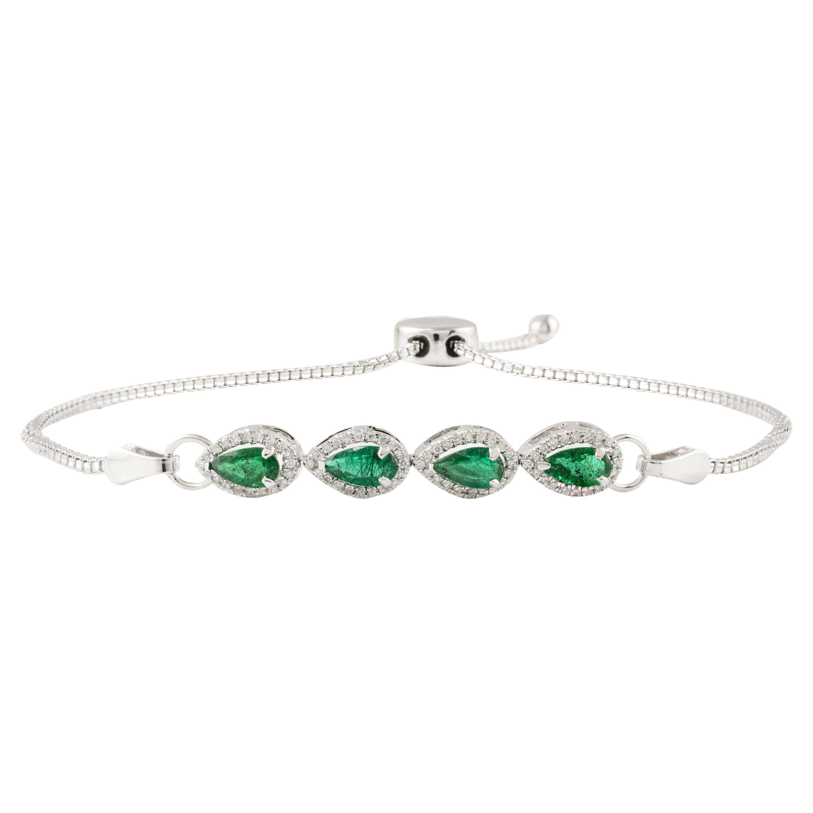 Modern Emerald Diamond Adjustable Bracelet 18k Solid White Gold, Christmas Gift