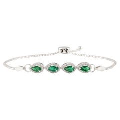 Modern Emerald Diamond Adjustable Bracelet 18k Solid White Gold, Christmas Gift