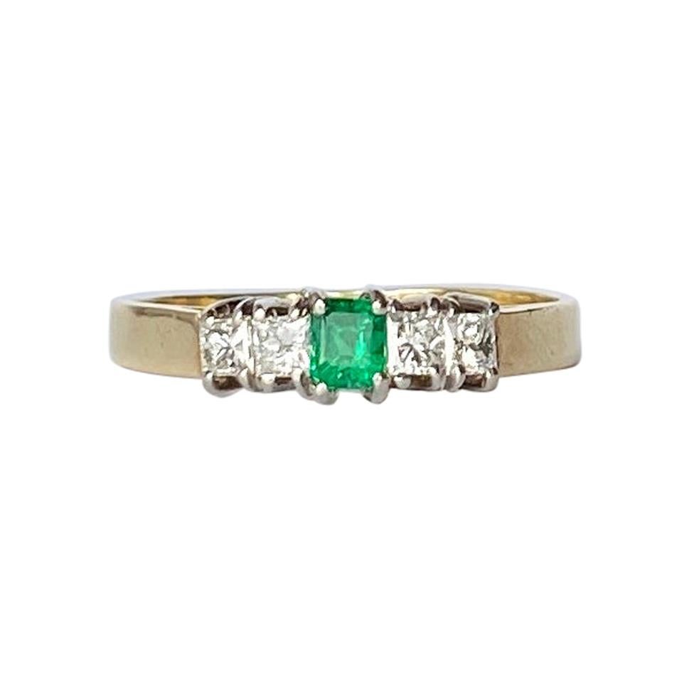 Modern Emerald and Diamond 18 Carat Gold Five-Stone Ring