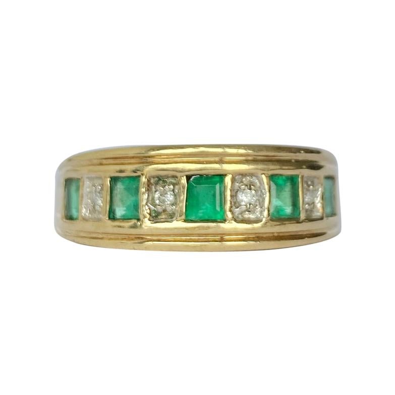 Modern Emerald and Diamond 9 Carat Gold Half Eternity Band For Sale