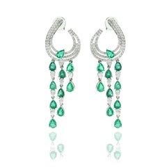 Modern Emerald Cocktail Earrings Studded with Diamonds Set 14K White Gold