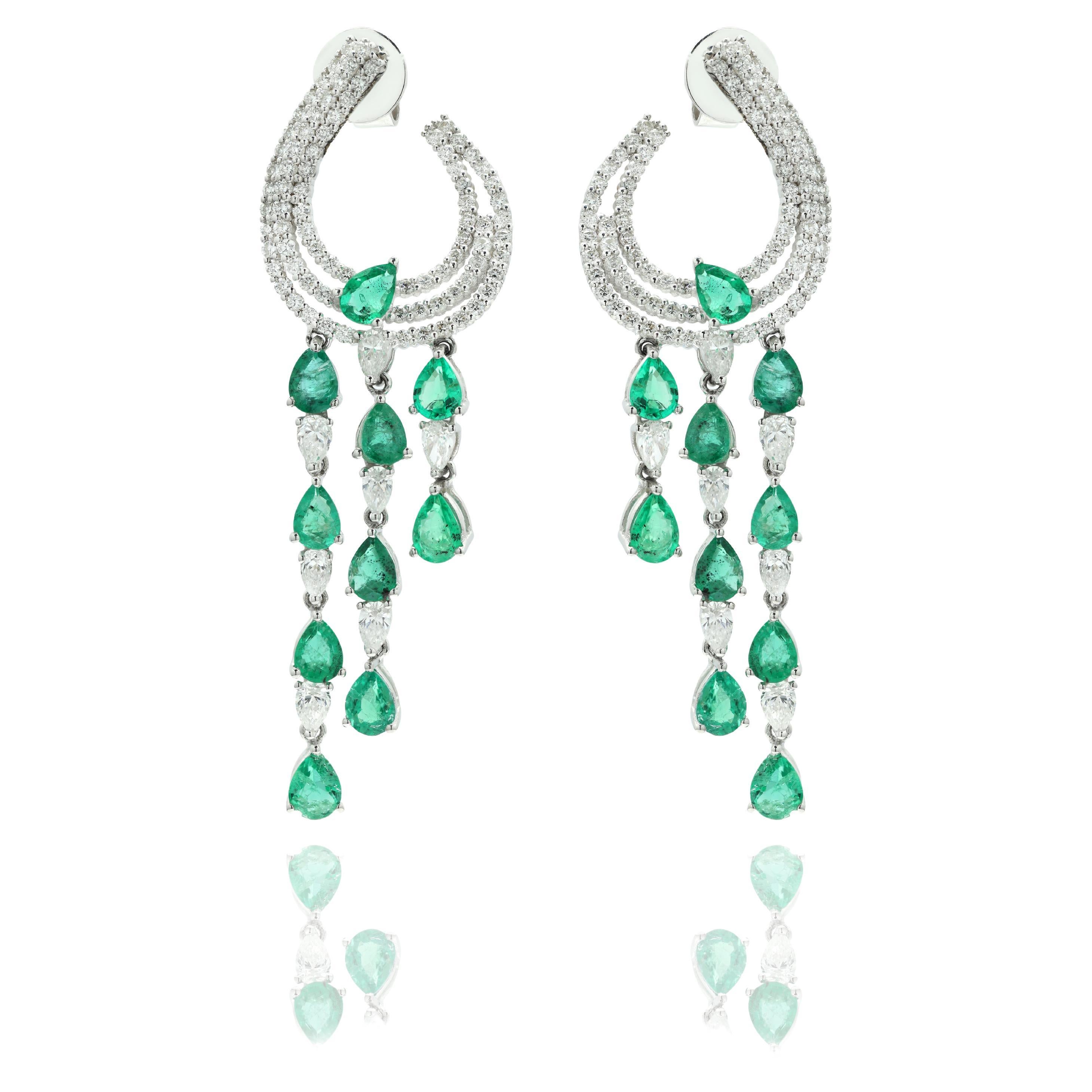 Modern Emerald Cocktail Earrings Studded with Diamonds Set 14K White Gold For Sale