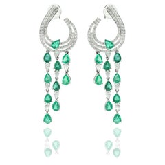 Modern Emerald Cocktail Earrings Studded with Diamonds Set 14K White Gold