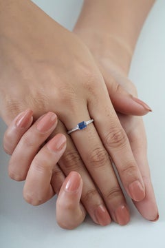 Modern Emerald Cut Blue Sapphire & Diamond Solitaire Ring in 14K White Gold
