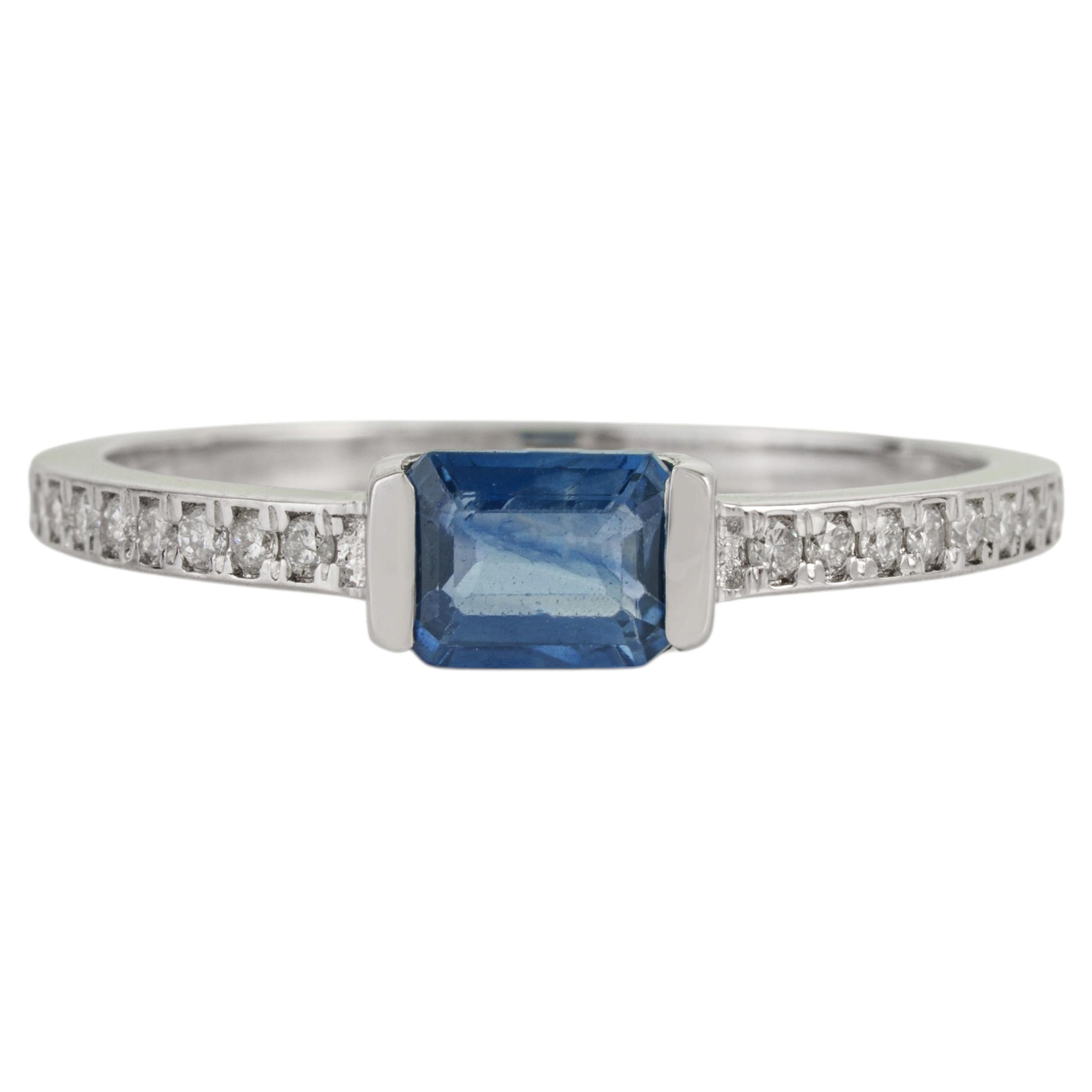 For Sale:  Modern Emerald Cut Blue Sapphire & Diamond Solitaire Ring in 14K White Gold