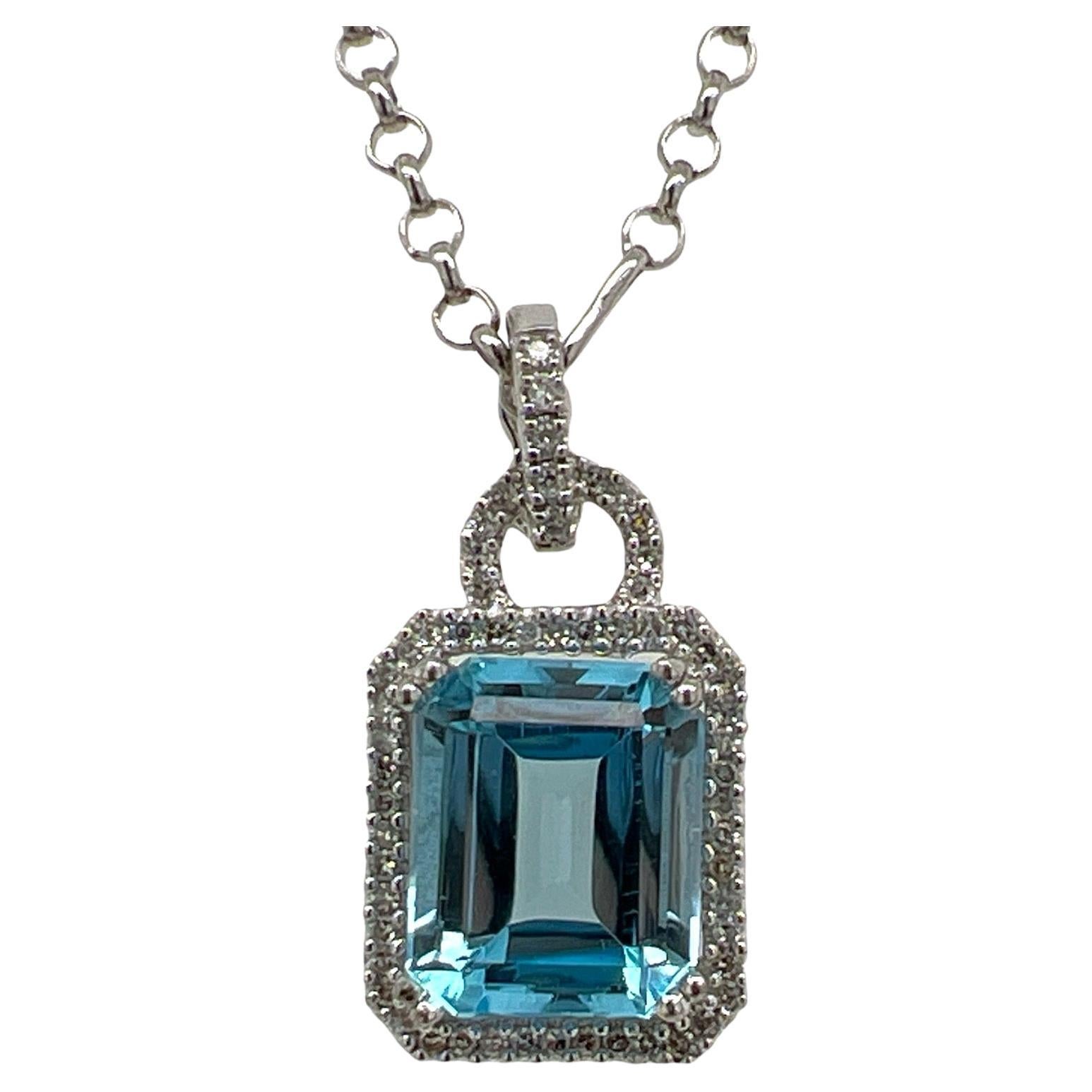 6.84 Carat Emerald Cut Swiss Blue Topaz and Diamond Pendant in 14 Karat ...