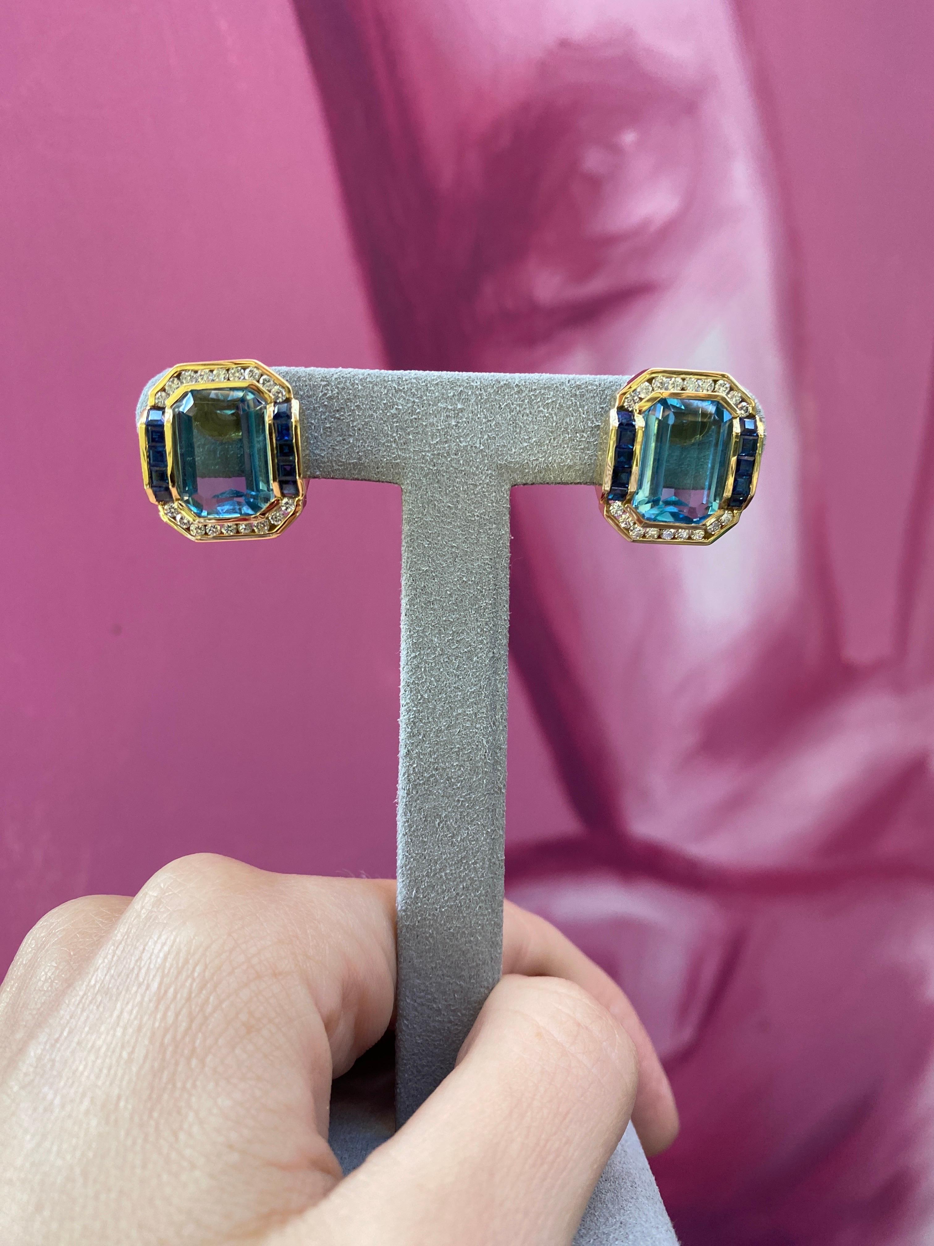 Boucles d'oreilles modernes en or jaune 14 carats avec topaze bleue taille émeraude, saphir et diamants en vente 5