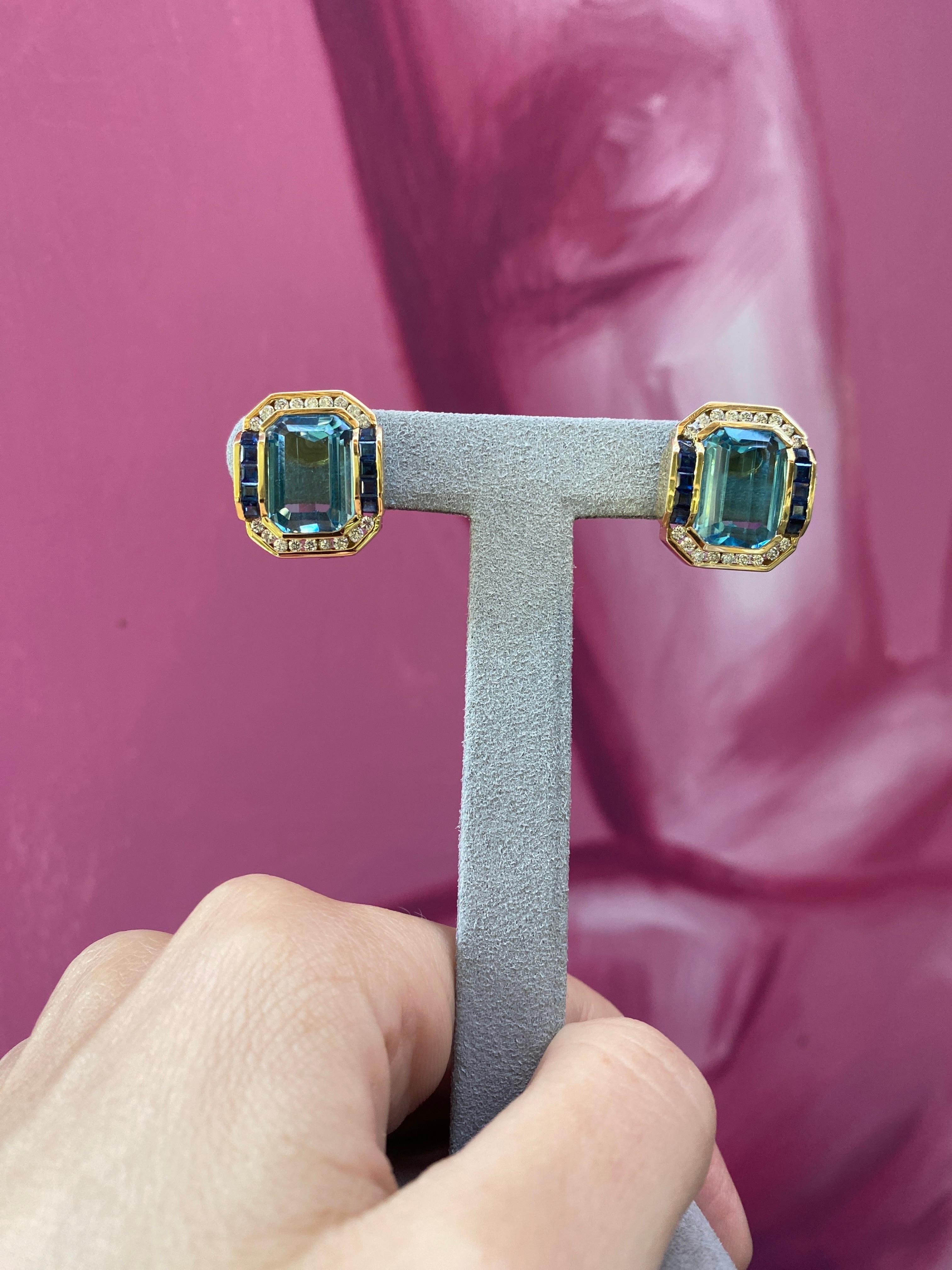 Boucles d'oreilles modernes en or jaune 14 carats avec topaze bleue taille émeraude, saphir et diamants en vente 6