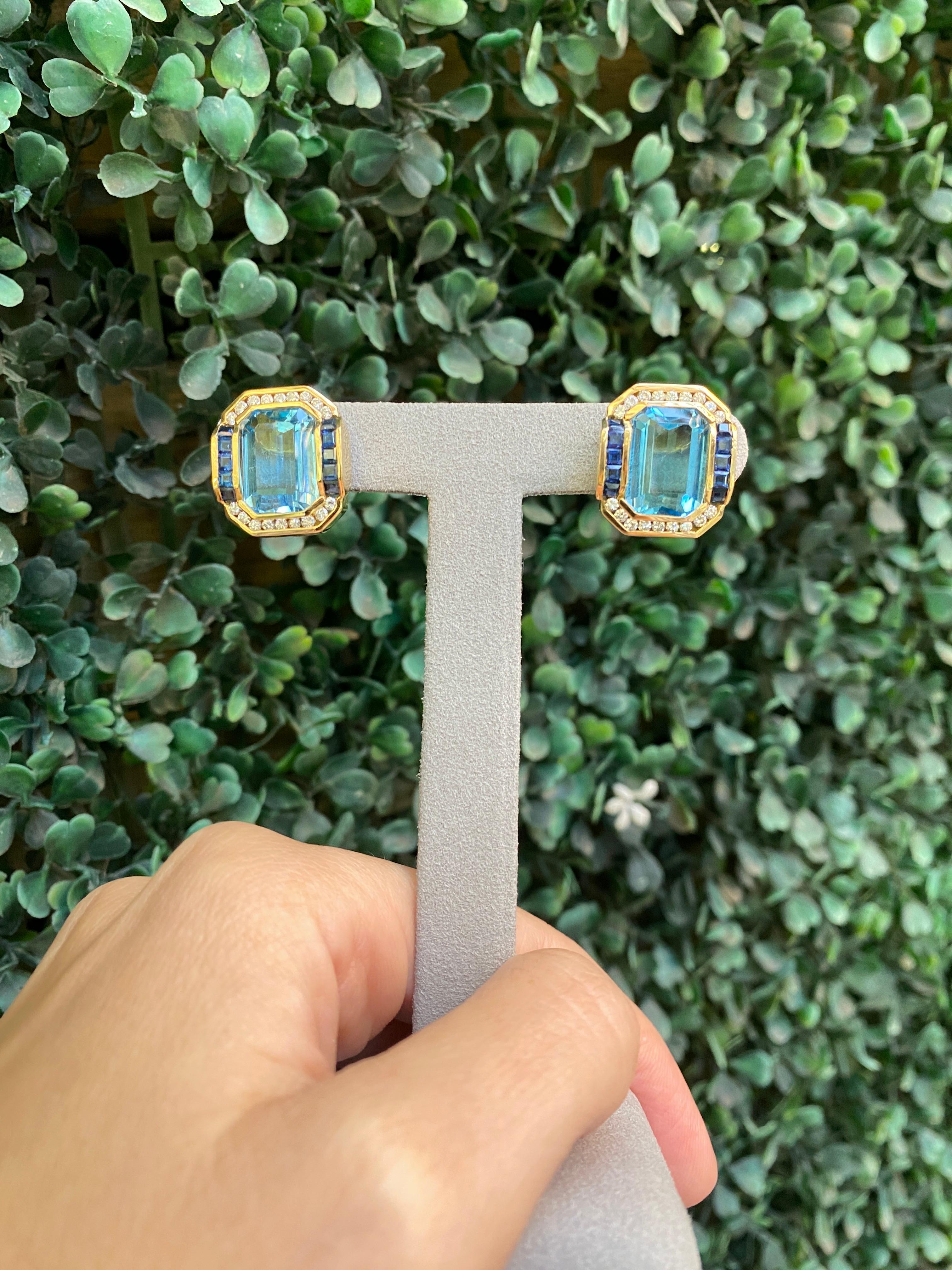 Boucles d'oreilles modernes en or jaune 14 carats avec topaze bleue taille émeraude, saphir et diamants en vente 7