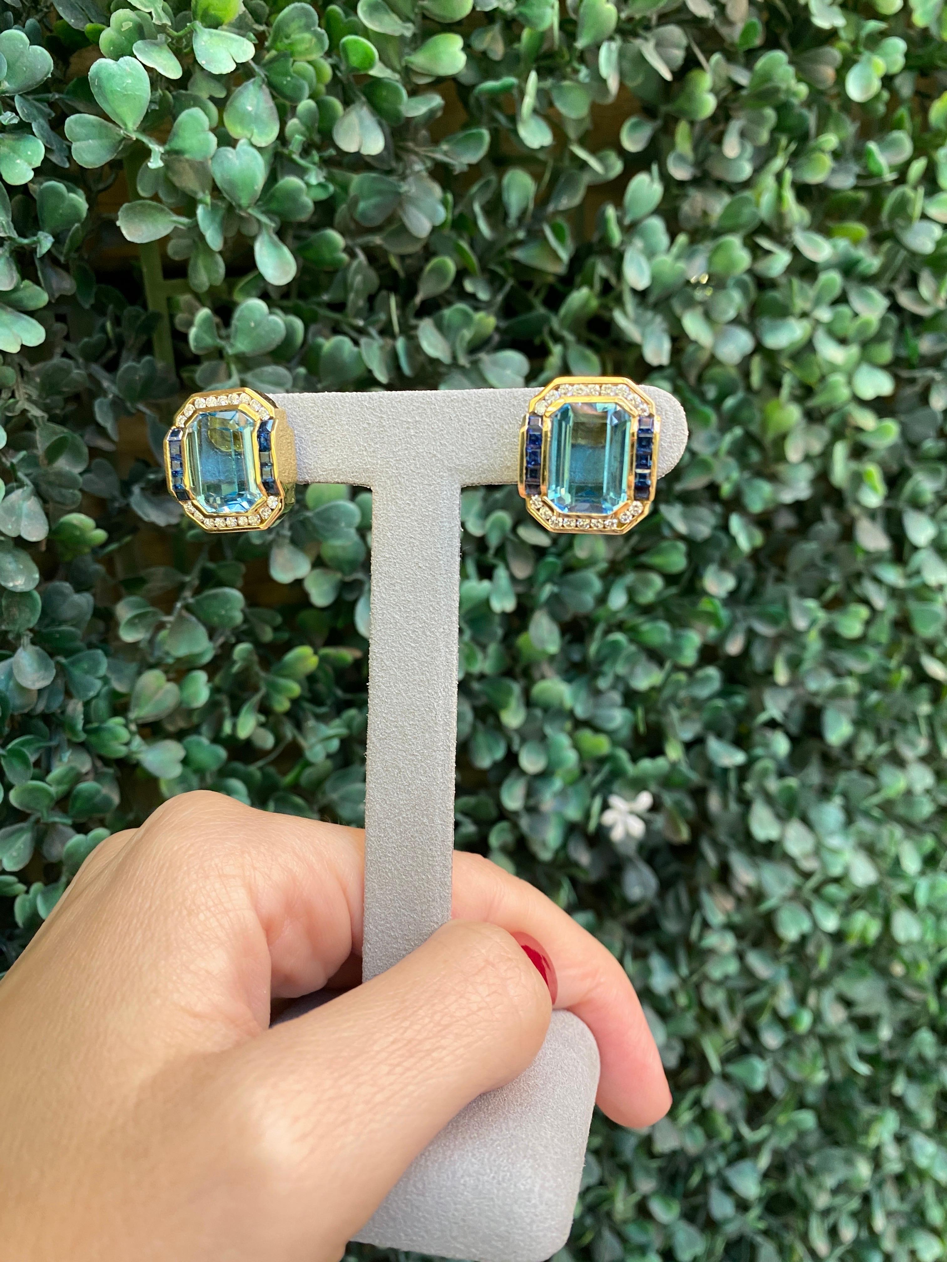 Boucles d'oreilles modernes en or jaune 14 carats avec topaze bleue taille émeraude, saphir et diamants en vente 8