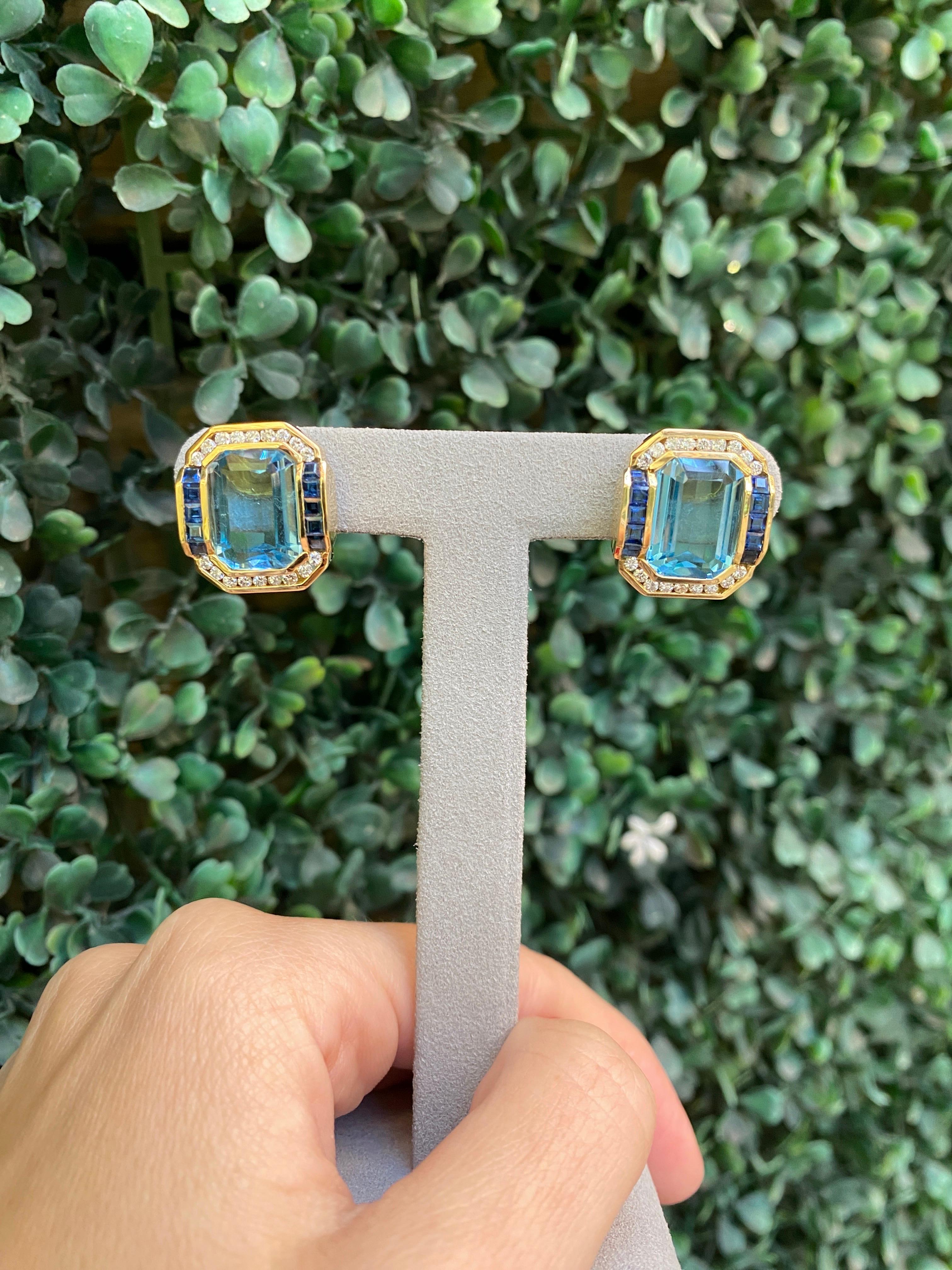 Boucles d'oreilles modernes en or jaune 14 carats avec topaze bleue taille émeraude, saphir et diamants en vente 9