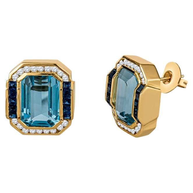 Modern Emerald Cut Blue Topaz Earrings with Sapphire & Diamonds, 14k Yellow Gold