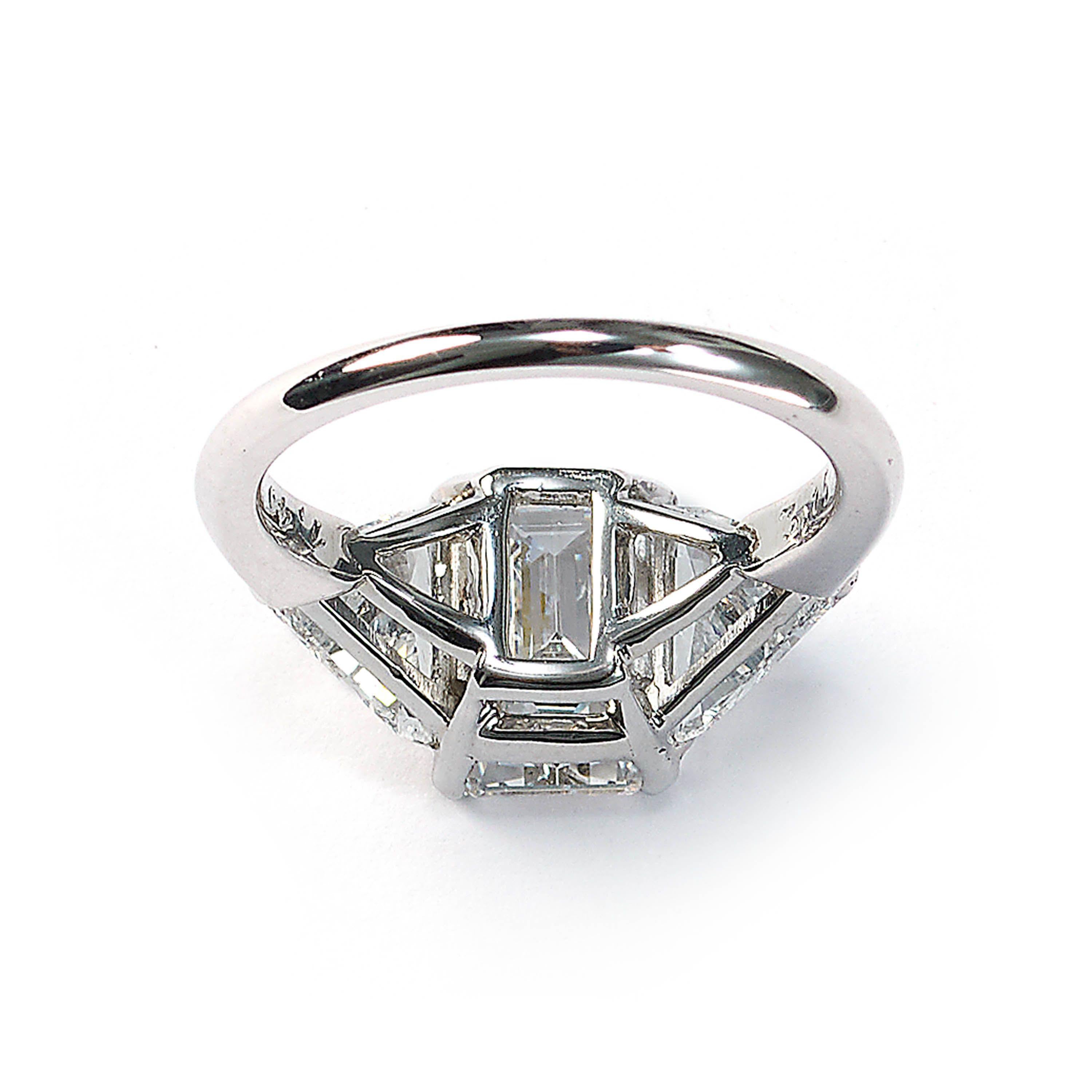 Women's Modern Emerald Cut Diamond and White Gold Three Stone Ring, 3.15 Carats