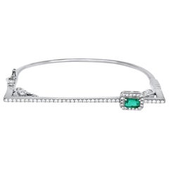 Modern Emerald Cut Emerald White Diamond Pave Square Bangle Bracelet 14K Gold