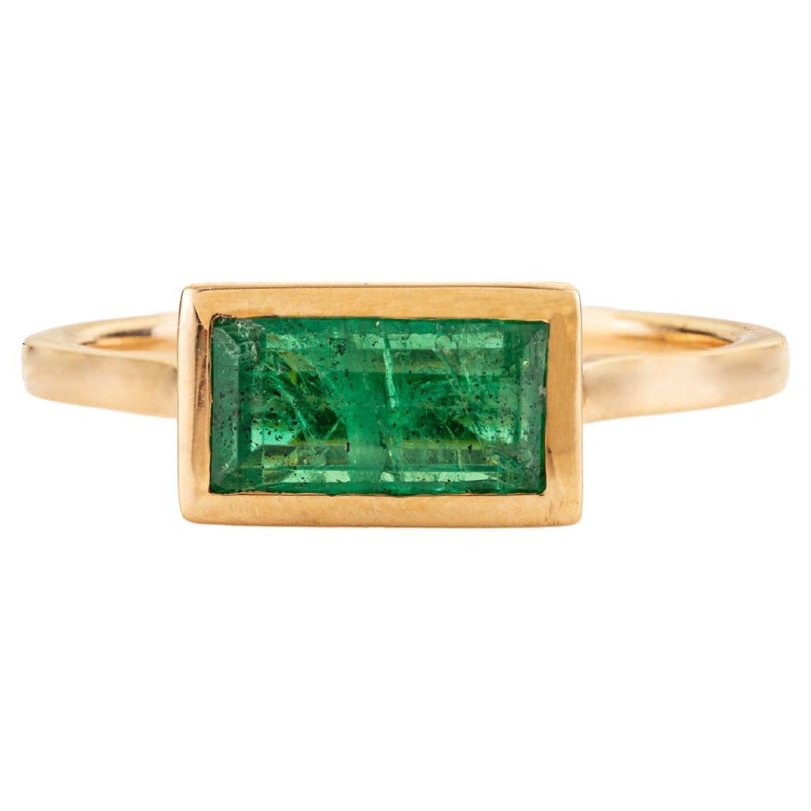 Modern Emerald Cut Natural Emerald Bezel Set Solitaire Ring in 14K Yellow Gold