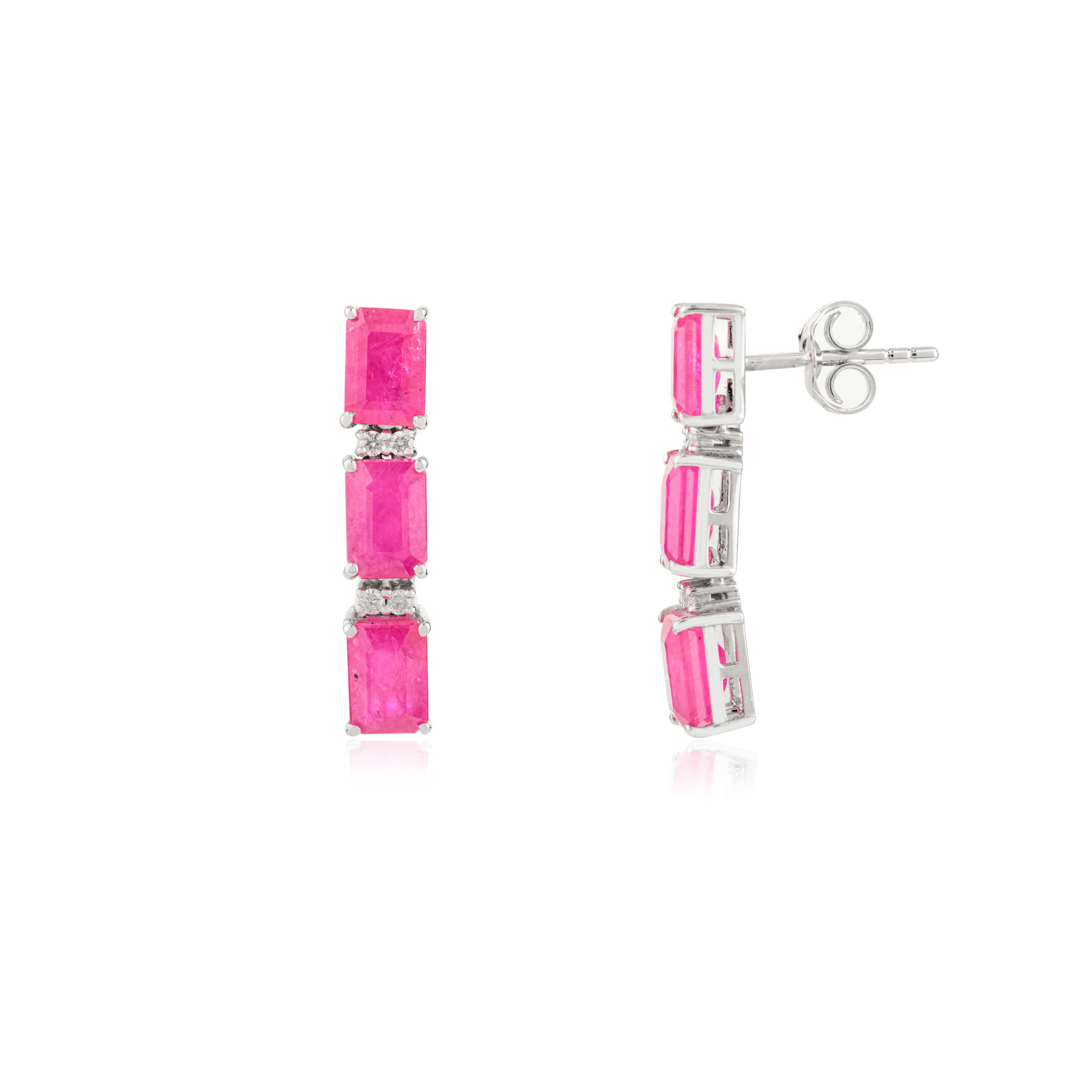 Emerald Cut Modern Emerald-Cut Ruby & Diamond Drop Earrings with 14k Solid White Gold For Sale