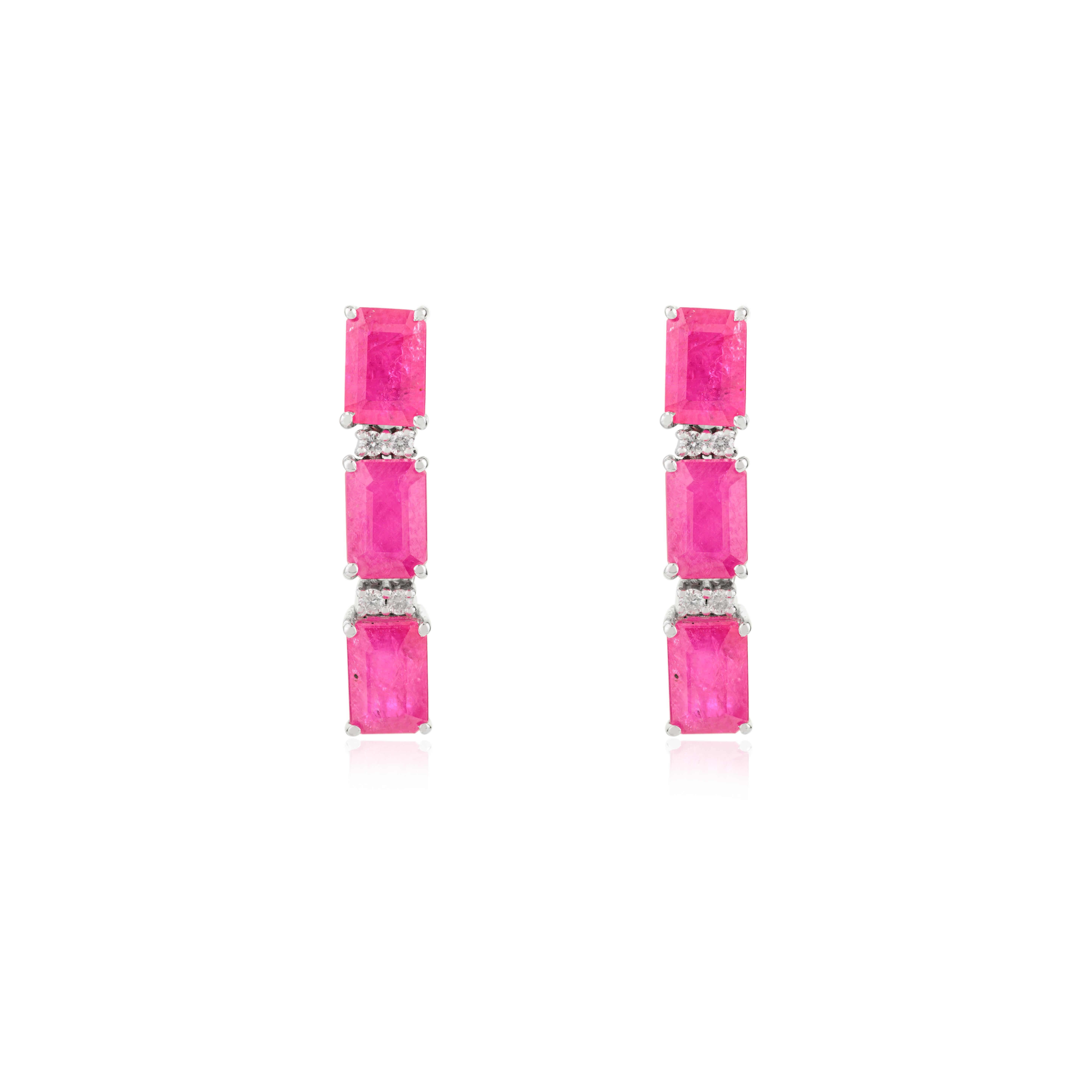 Women's Modern Emerald-Cut Ruby & Diamond Drop Earrings with 14k Solid White Gold For Sale