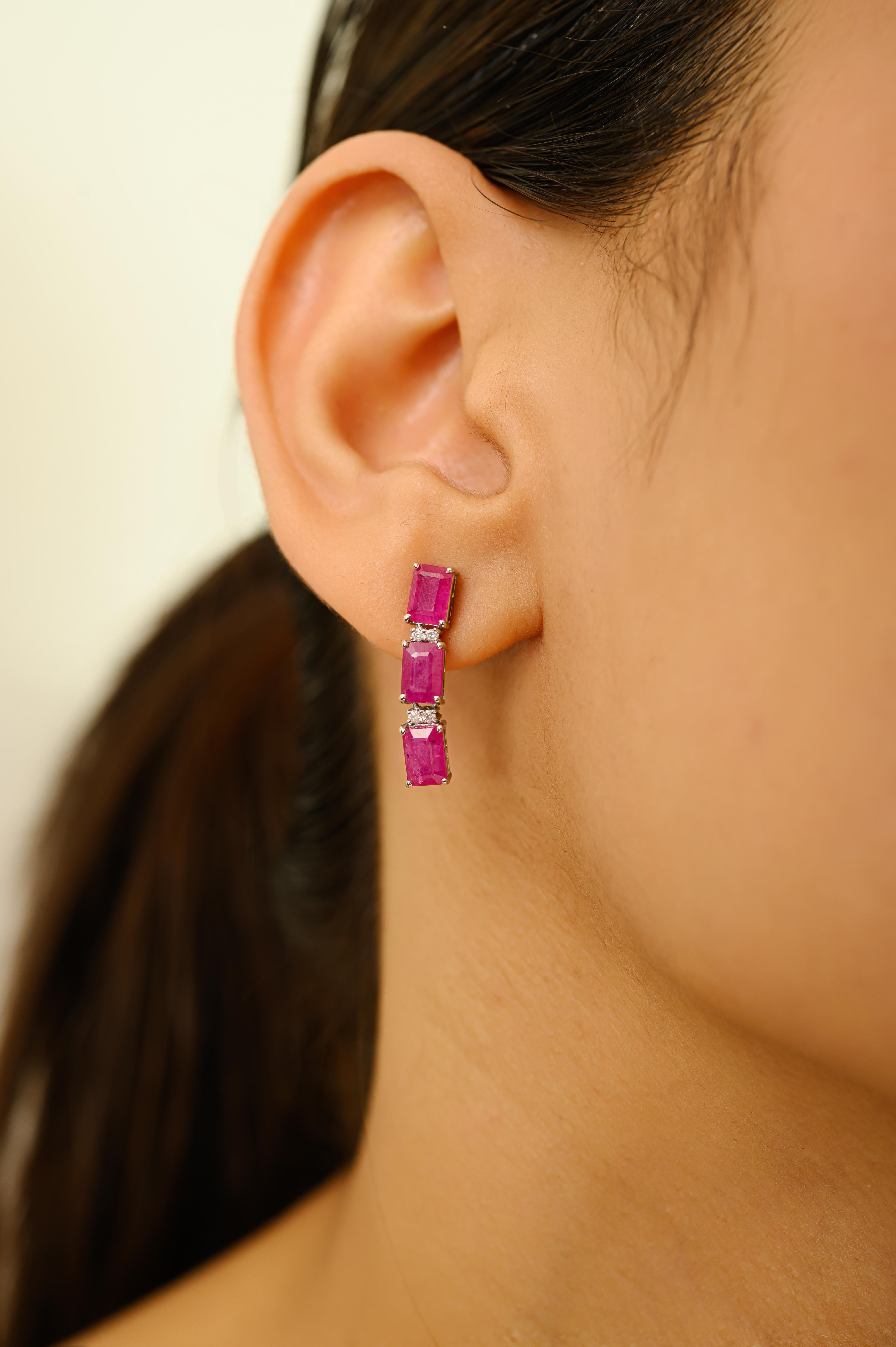 Modern Emerald-Cut Ruby & Diamond Drop Earrings with 14k Solid White Gold For Sale 1