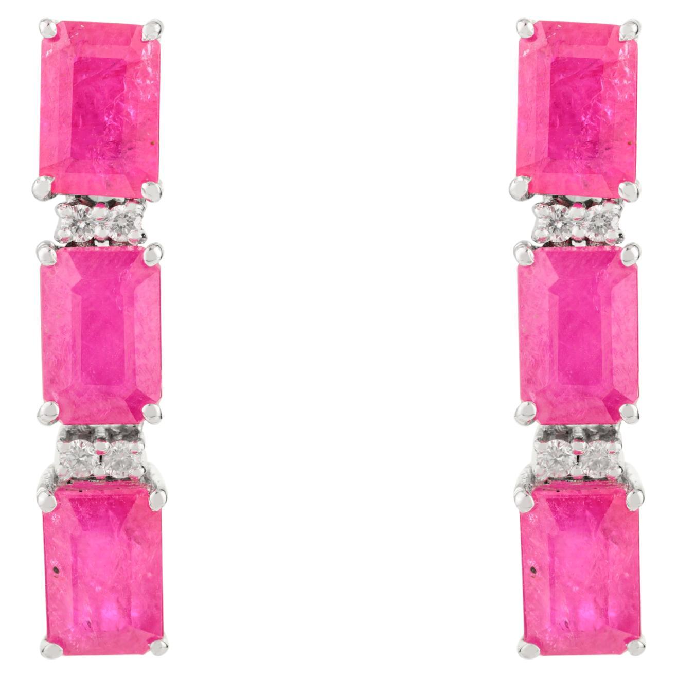Modern Emerald-Cut Ruby & Diamond Drop Earrings with 14k Solid White Gold For Sale