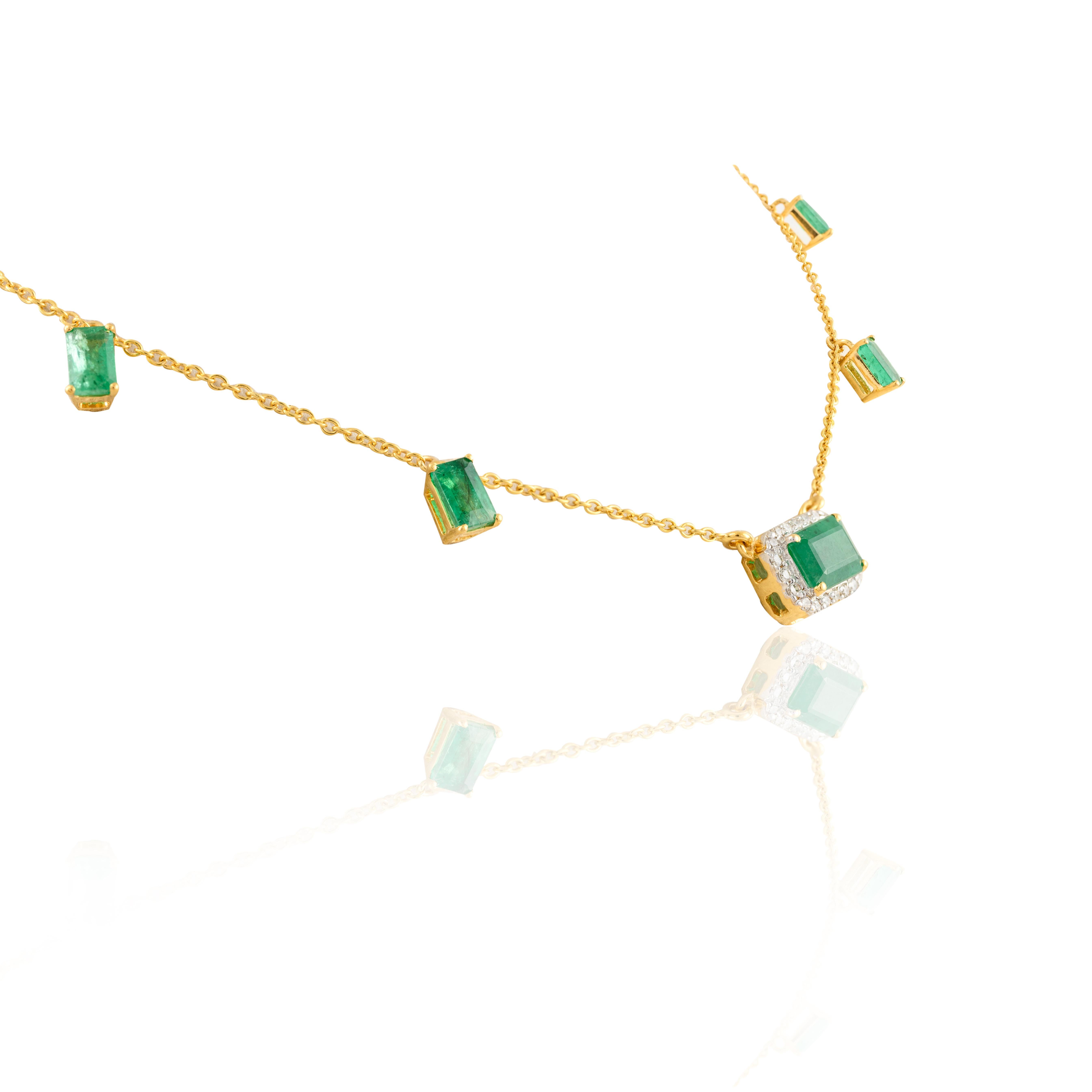 Emerald Charm Necklace in 14K Gold studded with octagon cut emerald and diamonds. This stunning piece of jewelry instantly elevates a casual look or dressy outfit. 
Emerald enhances intellectual capacity of the person.
Designed with octagon cut