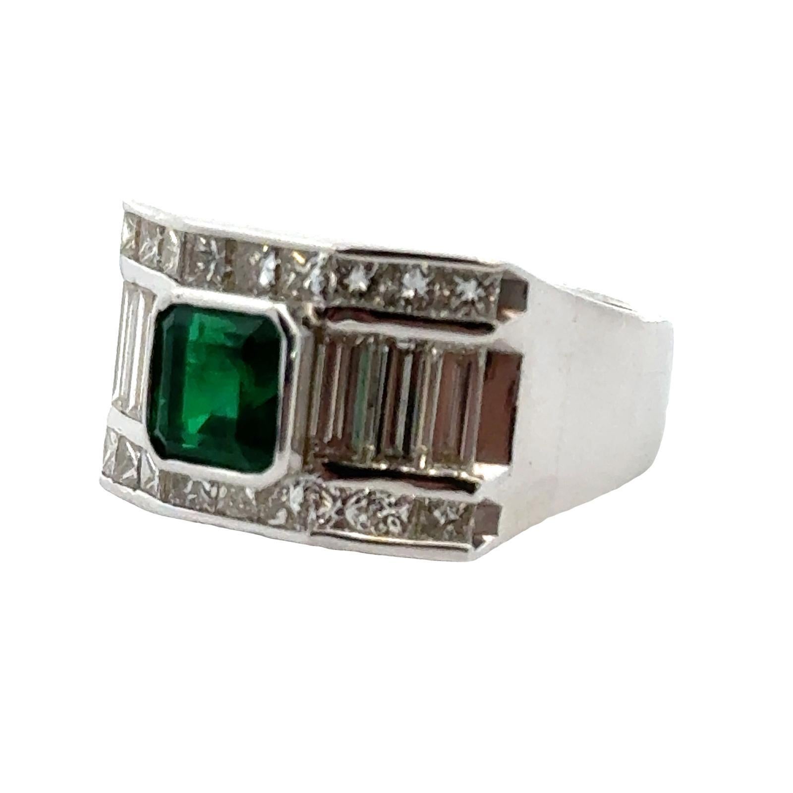 Emerald Cut Modern Emerald Diamond 18 Karat White Gold Wide Band Ring