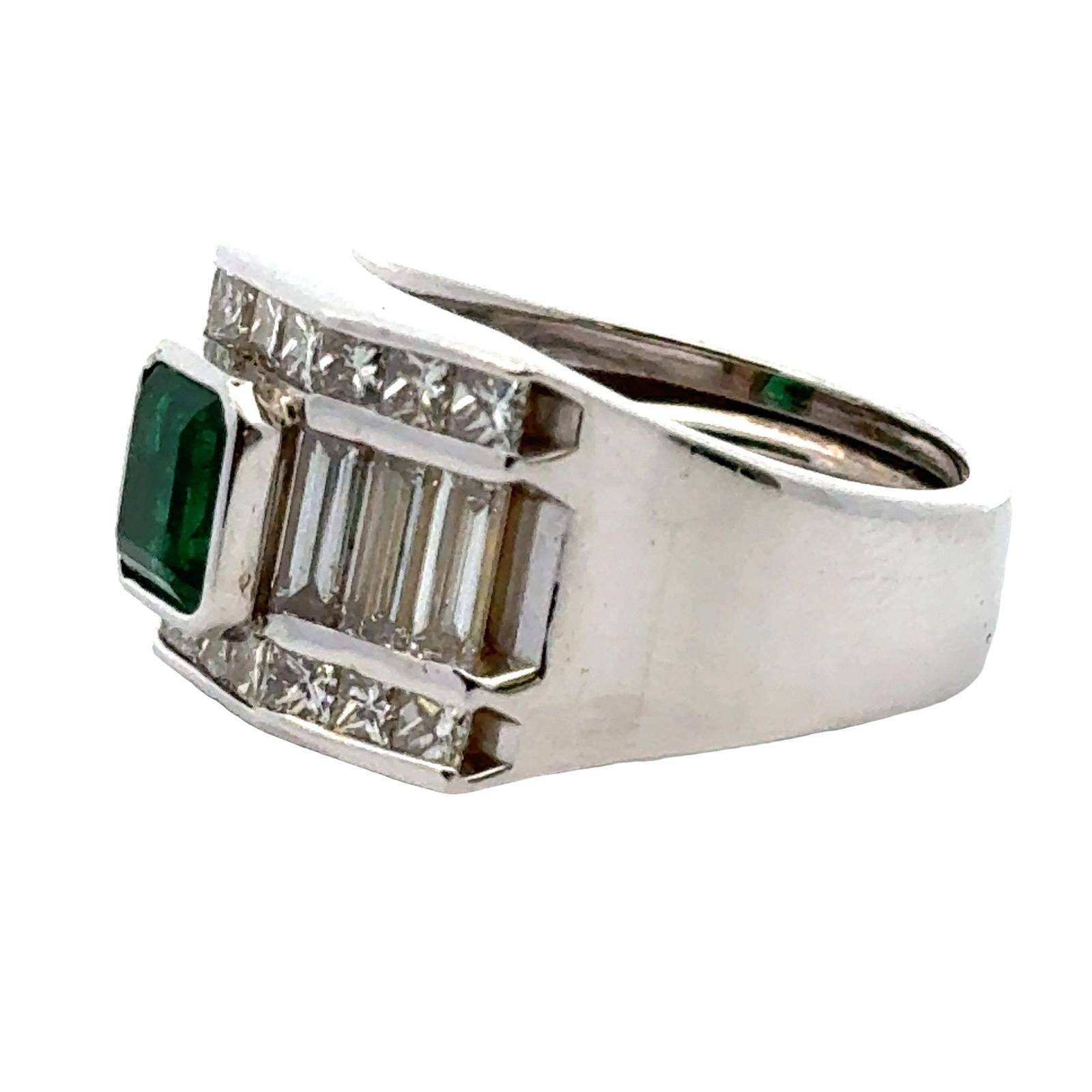 Women's Modern Emerald Diamond 18 Karat White Gold Wide Band Ring