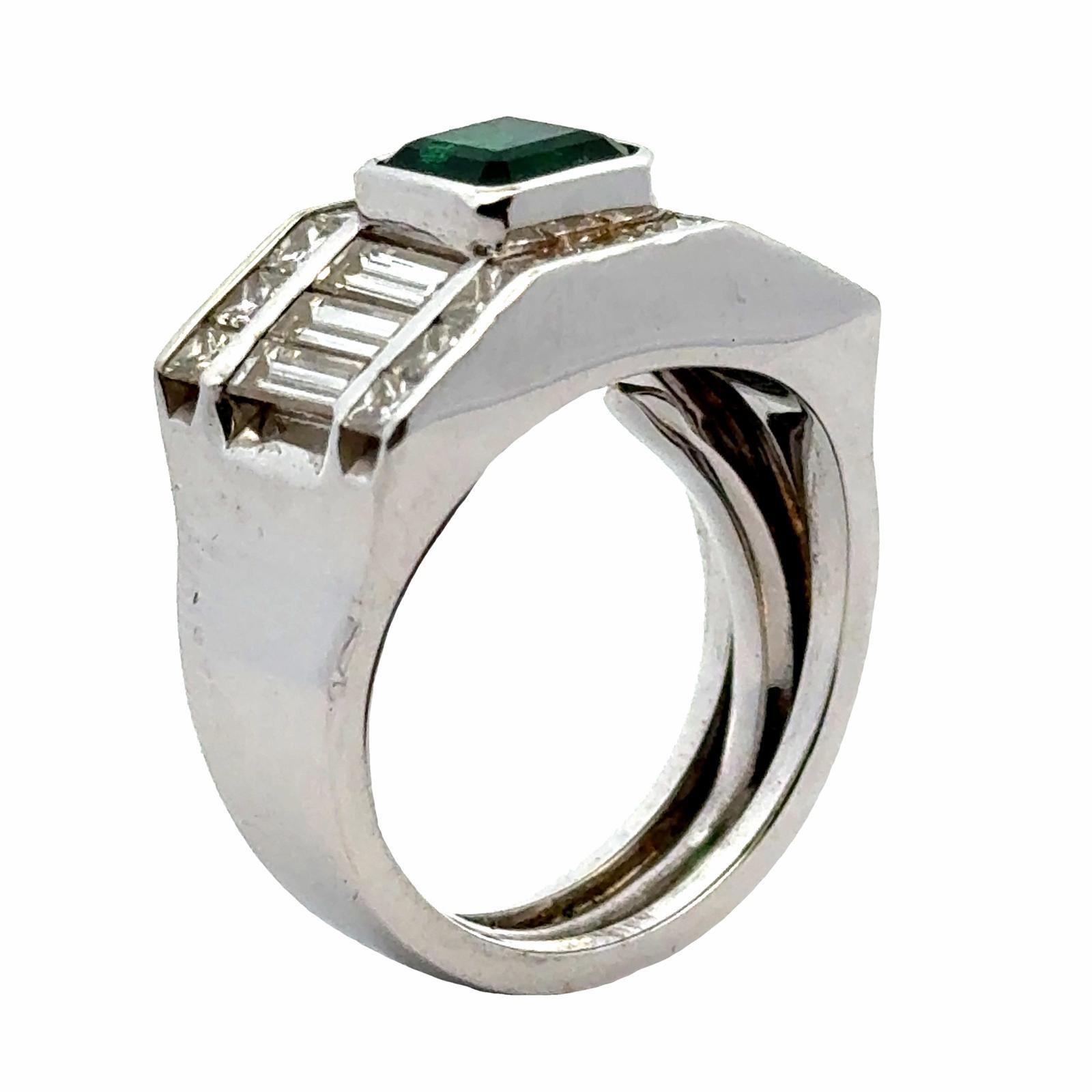 Modern Emerald Diamond 18 Karat White Gold Wide Band Ring 1