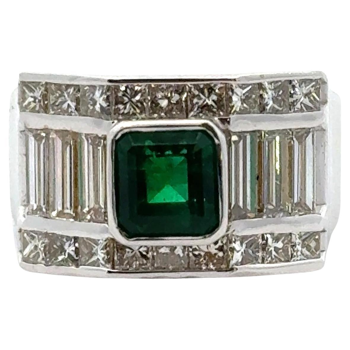 Modern Emerald Diamond 18 Karat White Gold Wide Band Ring