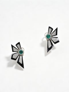Modern Emerald, Diamond and Black Enamel Earrings in 18 Karat White Gold
