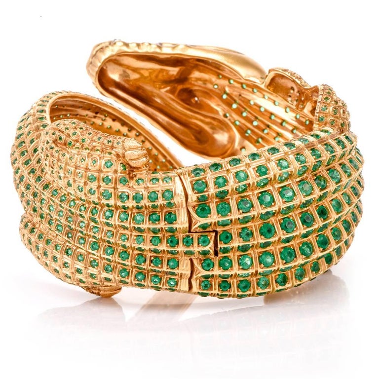 Modern Emerald Diamond Green Gold Alligator Bangle Bracelet at 1stDibs