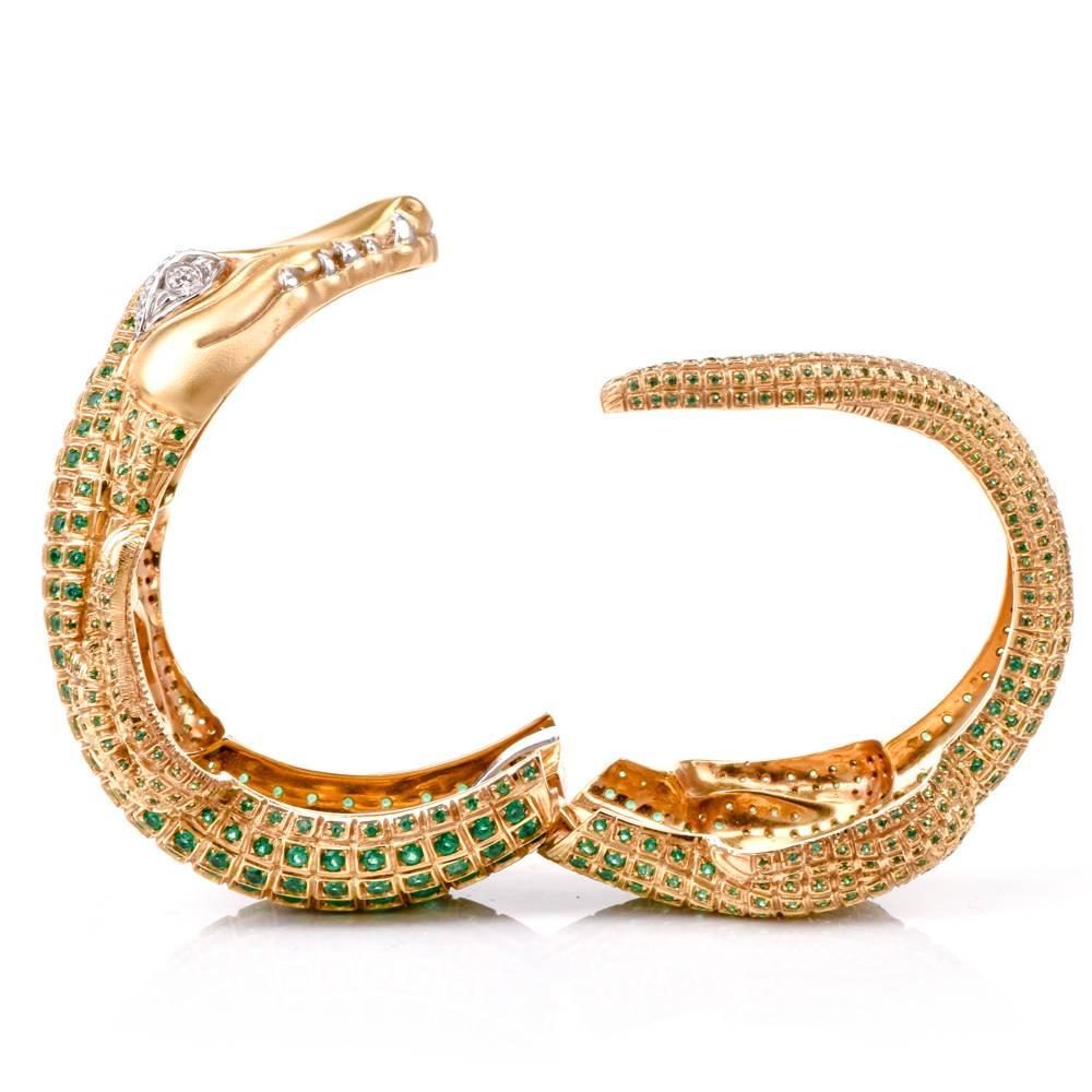 Modern Emerald Diamond Green Gold Alligator Bangle Bracelet 1