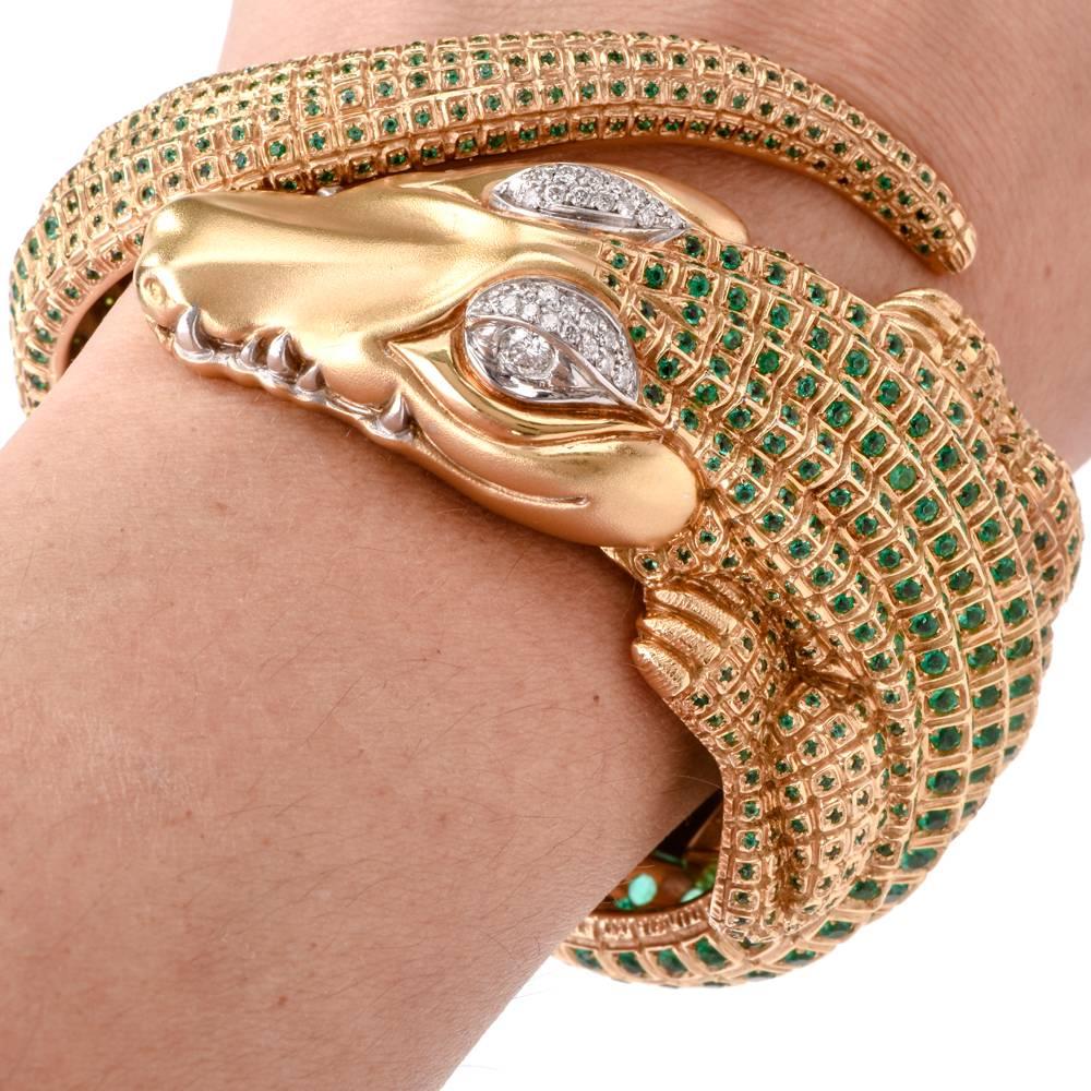 Modern Emerald Diamond Green Gold Alligator Bangle Bracelet 3