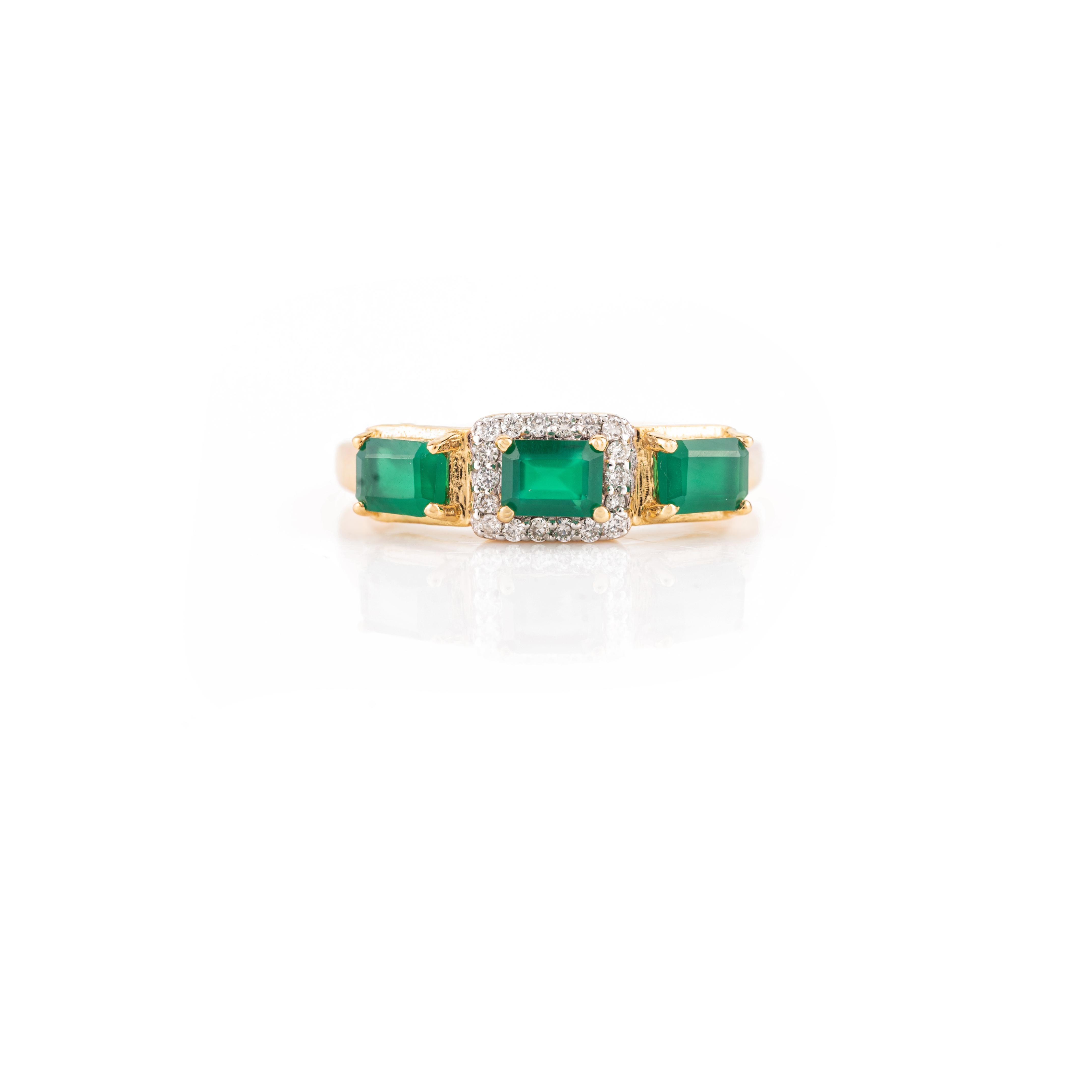 For Sale:  Modern Emerald Diamond Halo Three Stone 18k Yellow Gold Ring for Women 3