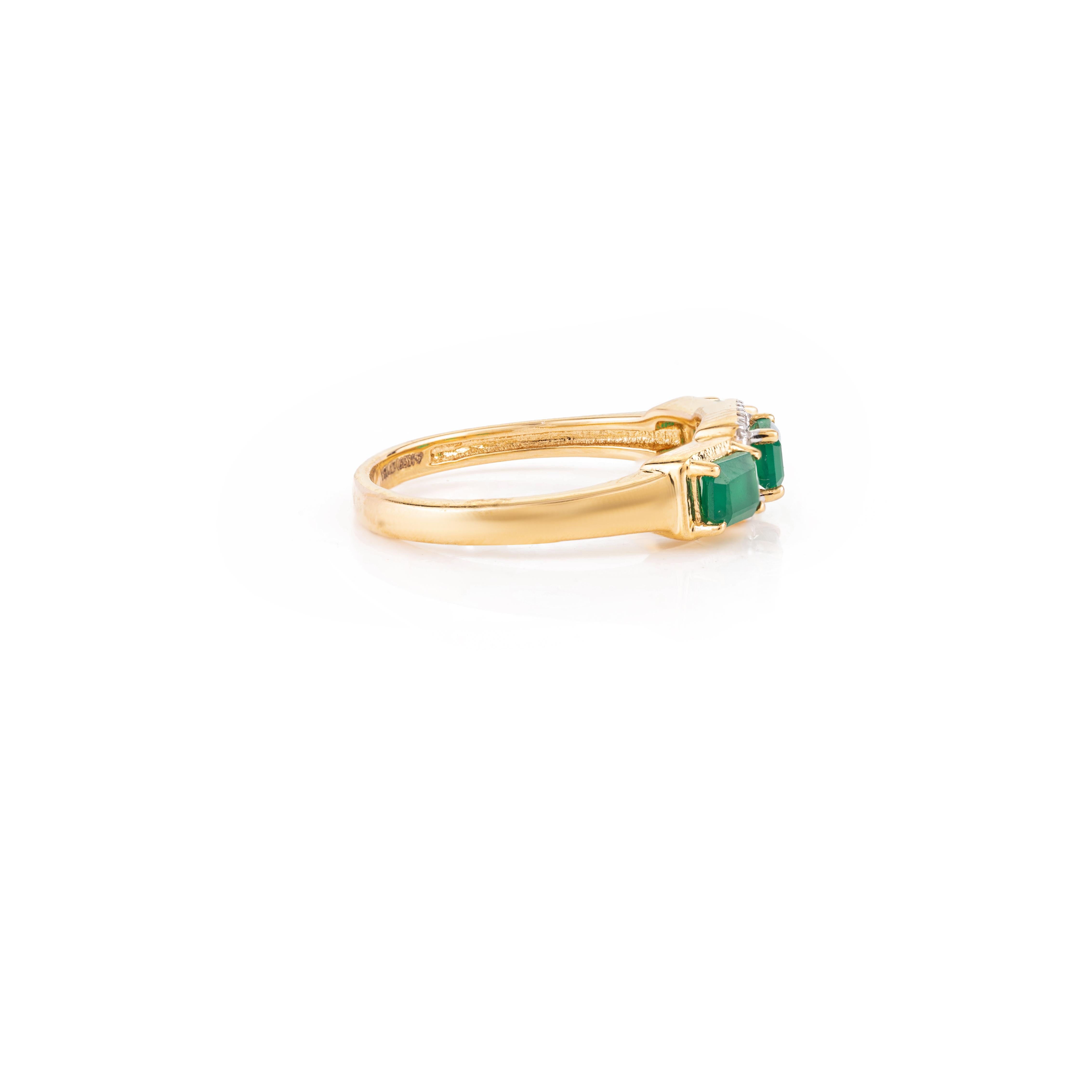 For Sale:  Modern Emerald Diamond Halo Three Stone 18k Yellow Gold Ring for Women 4