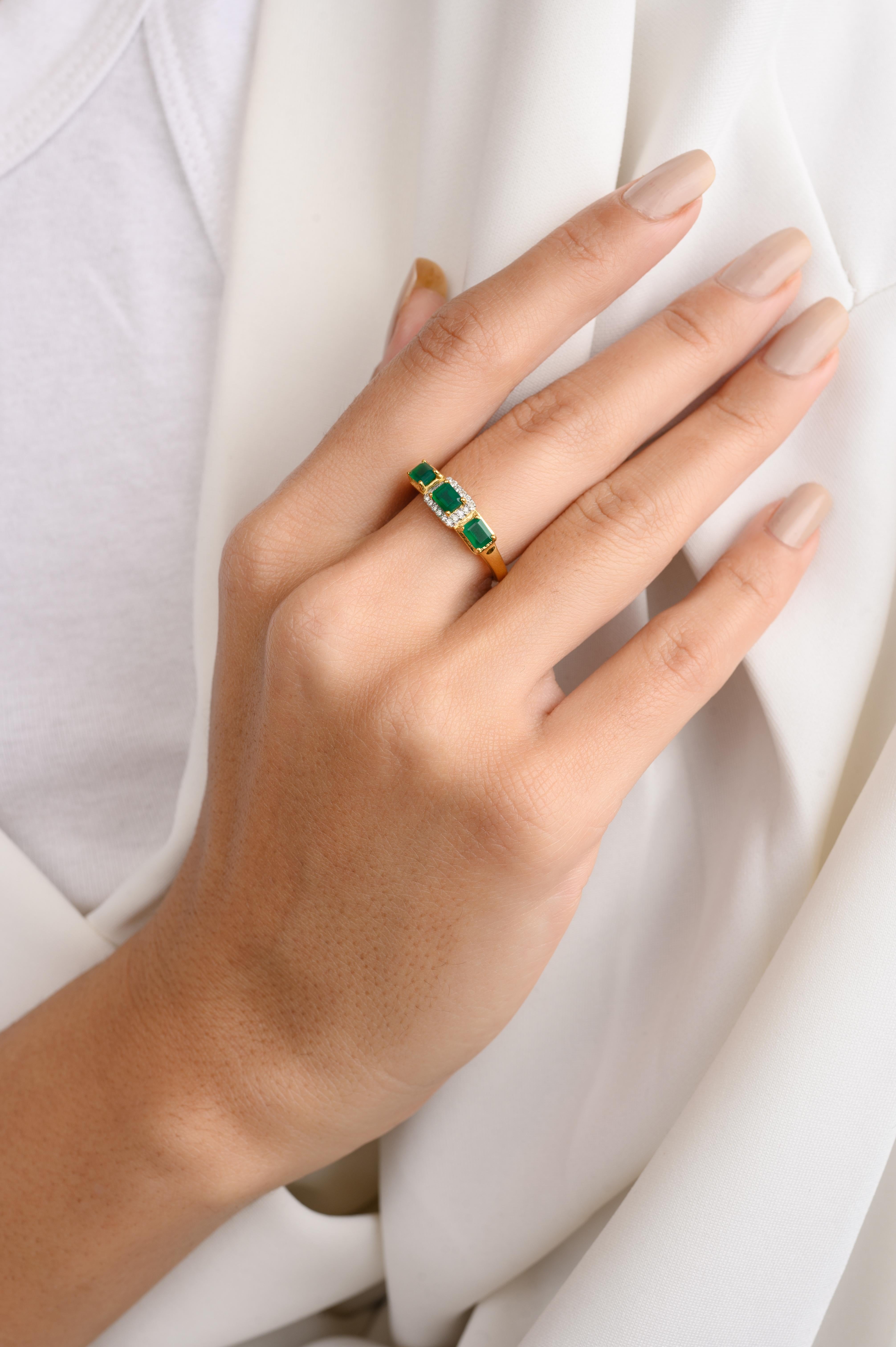For Sale:  Modern Emerald Diamond Halo Three Stone 18k Yellow Gold Ring for Women 5