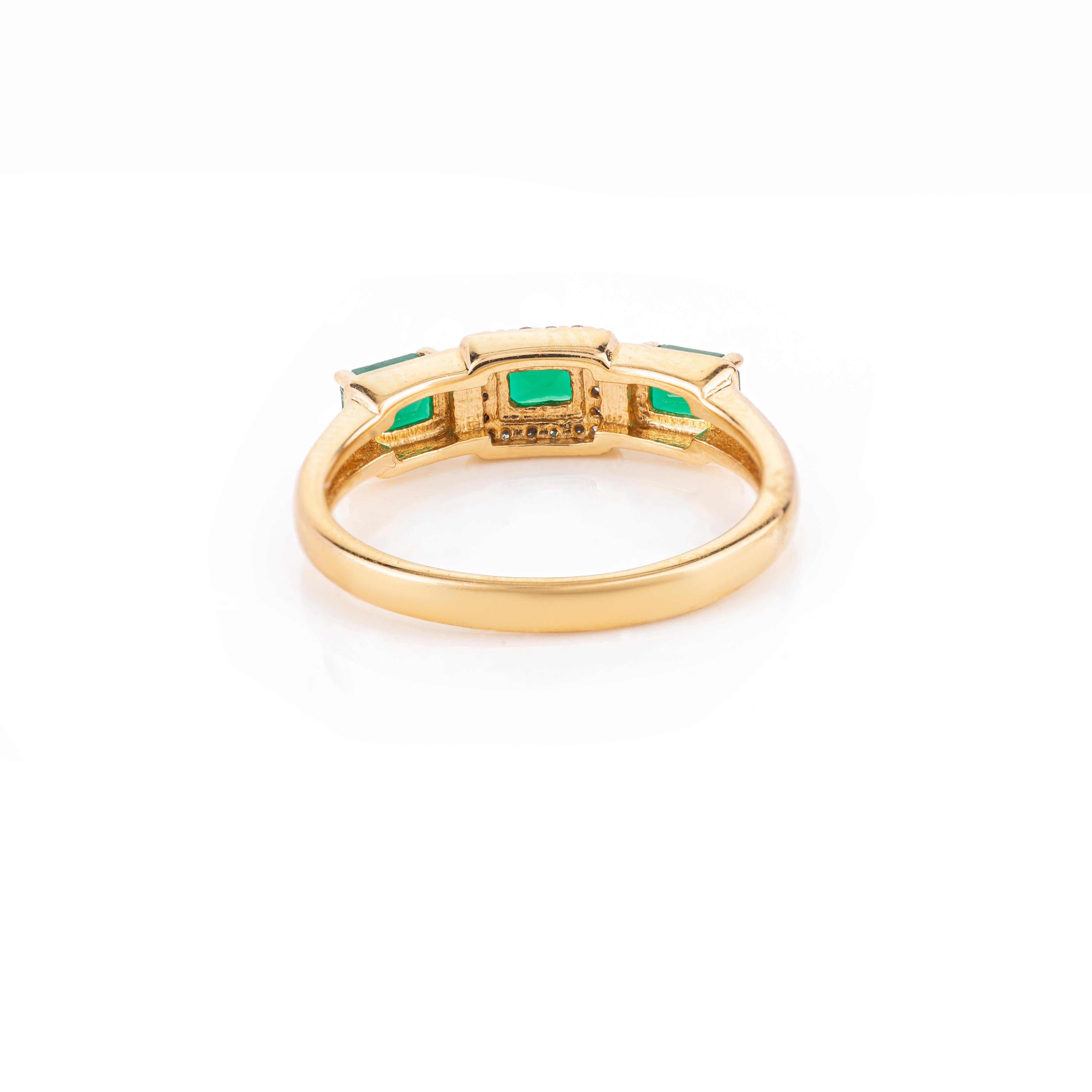 For Sale:  Modern Emerald Diamond Halo Three Stone 18k Yellow Gold Ring for Women 6