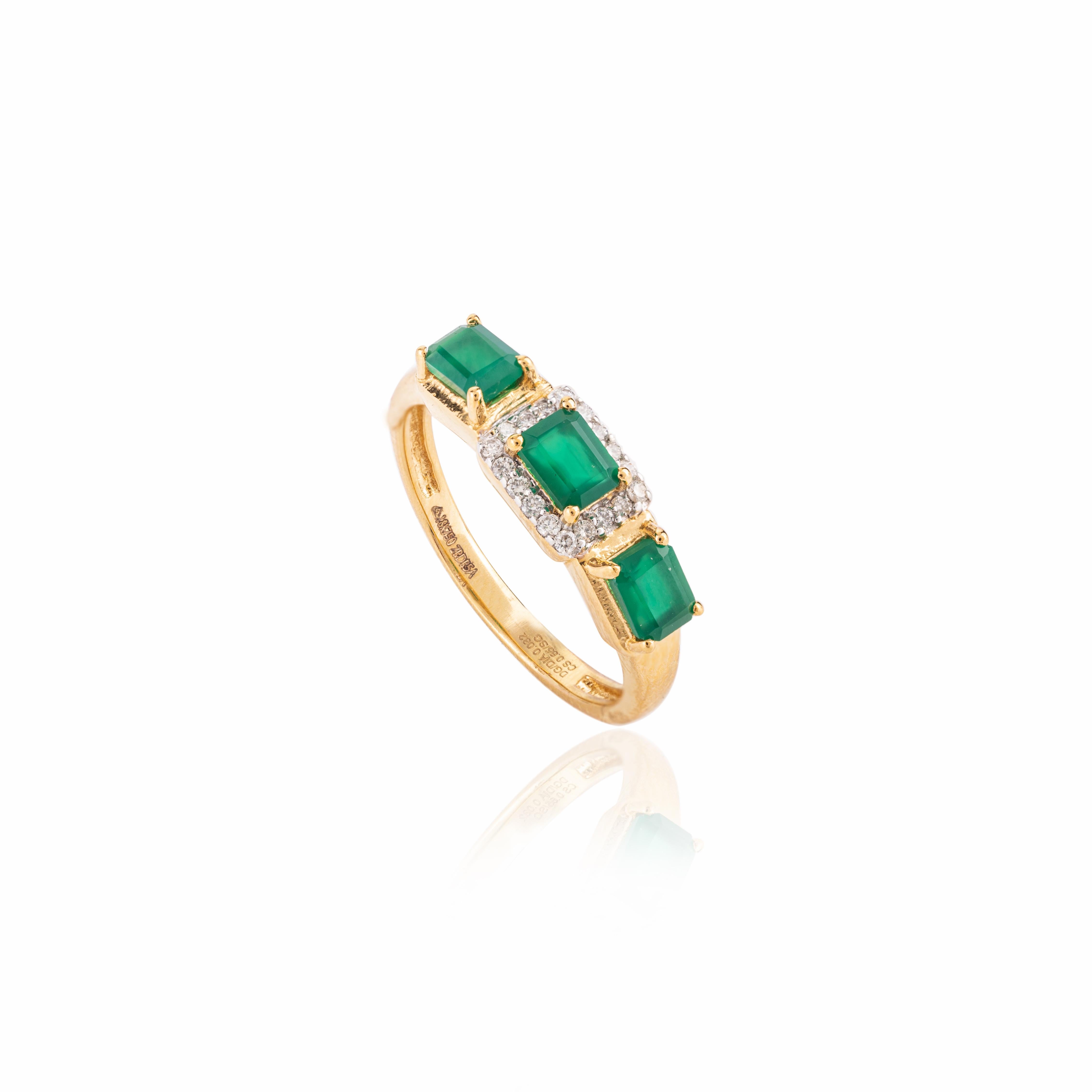 For Sale:  Modern Emerald Diamond Halo Three Stone 18k Yellow Gold Ring for Women 7