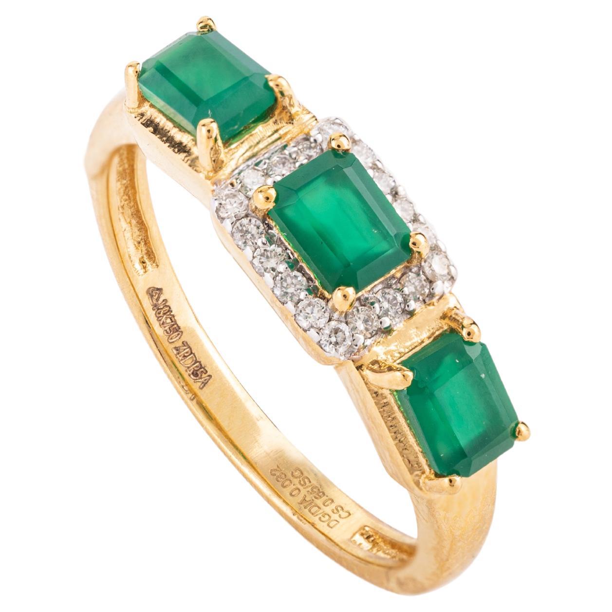 For Sale:  Modern Emerald Diamond Halo Three Stone 18k Yellow Gold Ring for Women