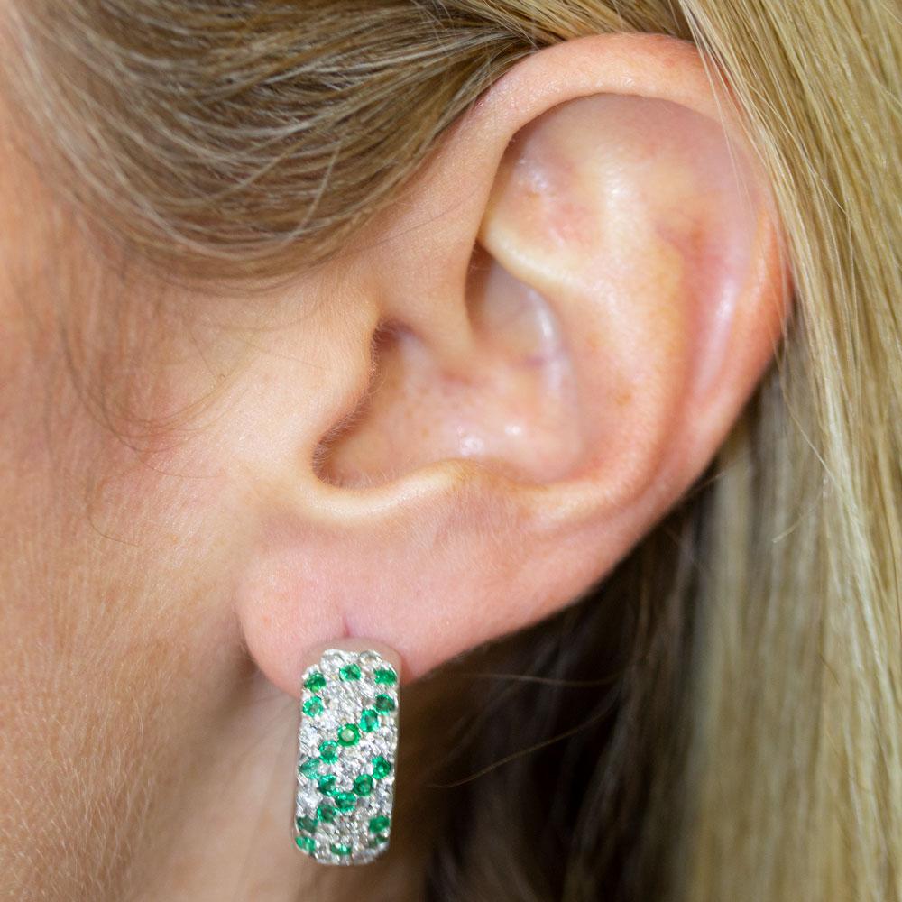 Women's Modern Emerald Diamond Huggie White Gold Earrings